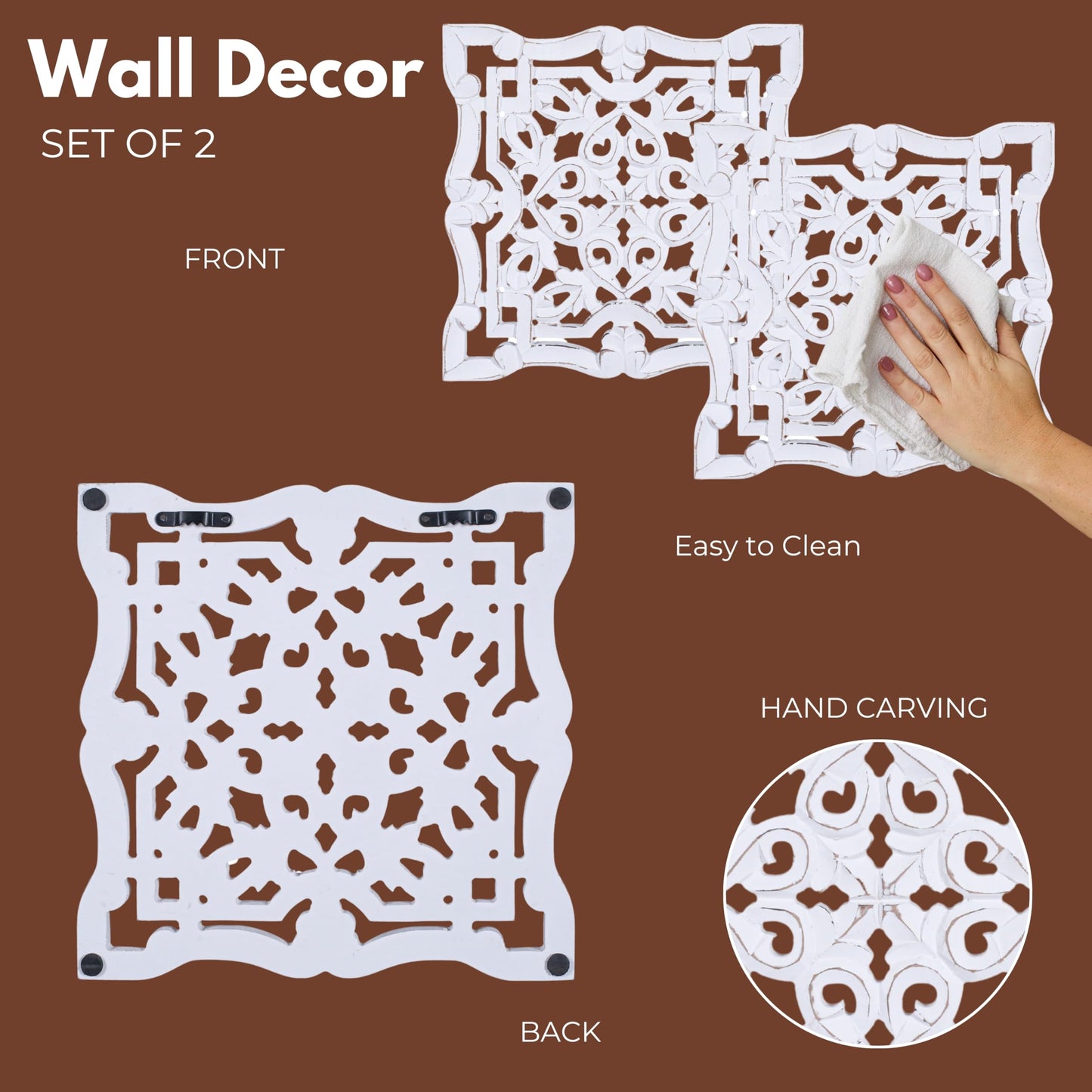 Woodify Hand-Carved Wooden Wall Décor – Set of 2, 12" x 12" Decorative Wood Panels, Floral Design, White Antique Finish, Wall Art for Living Room & Home Décor