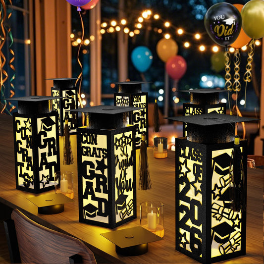 6 Pcs Graduation Table Centerpieces Boxes Class of 2026 Graduation Paper Lanterns Boxes with LED Hollow Out Black for Congrats Grad School College Table Decorations Grad Party Photo Props