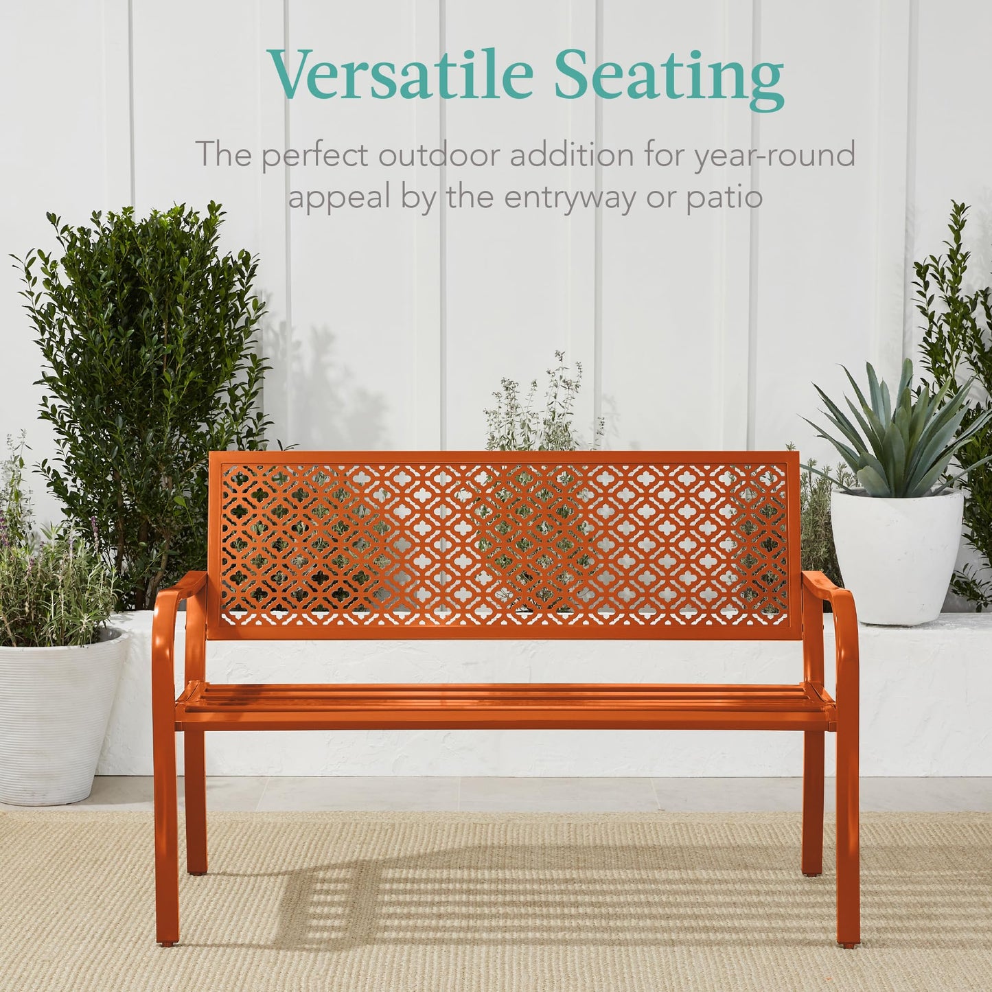 Best Choice Products Outdoor Bench 2-Person Metal Steel Benches Furniture for Garden, Patio, Porch, Entryway w/Geometric Backrest, 790lb Capacity - Carrot