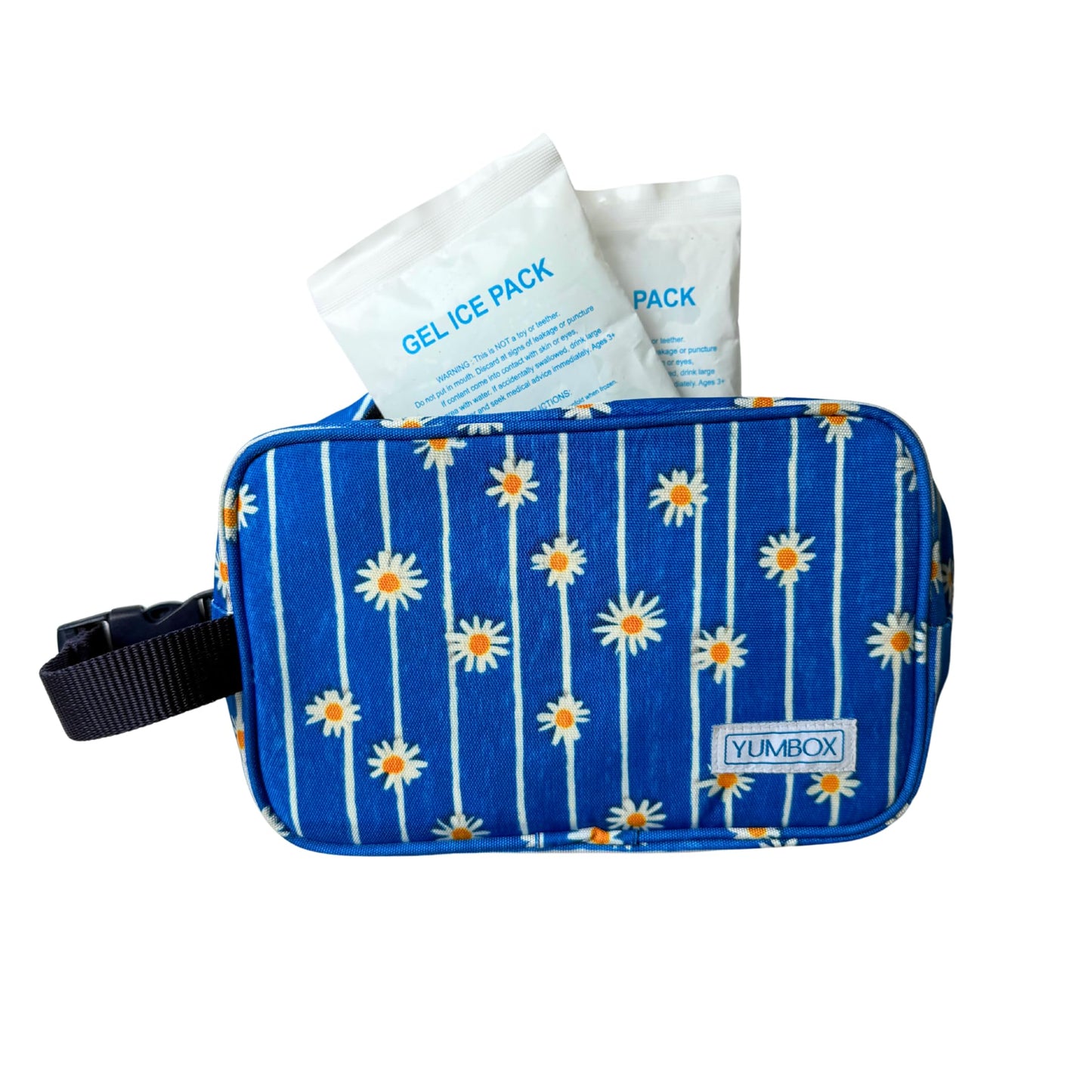 Yumbox Chill Snack Bags with 2 Removable Gel Ice Packs, Flexible Cooling, Insulated Lunch Bag, Wipe Clean fabric, Lined, Zipper Closure, Buckle Strap, Daisy Print