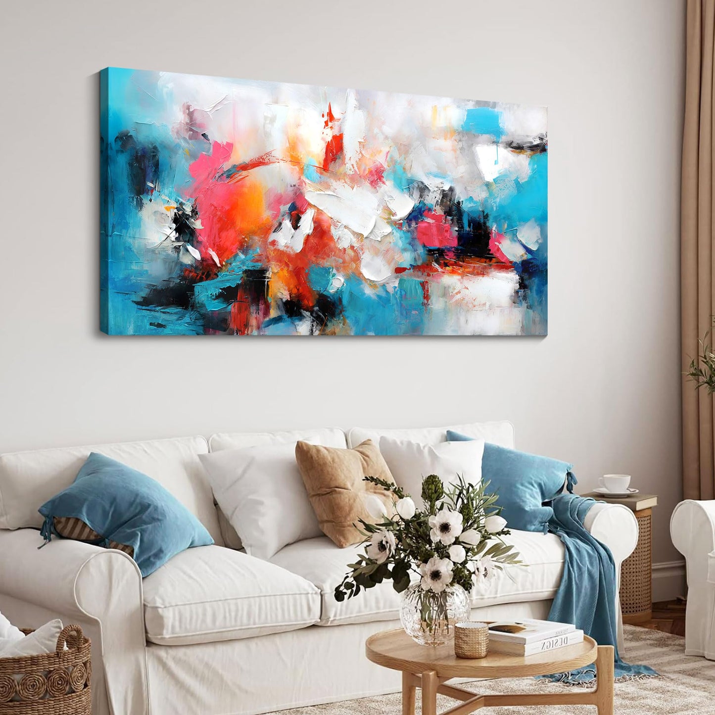 Mofutinpo Abstract Wall Art Canvas Hand-Painted Art in Blue and Pink Office Wall Decor Wall Art for Living Room Paintings for Wall Decorations Modern Wall Decor for Bedrooms, and dining Room 24×48in