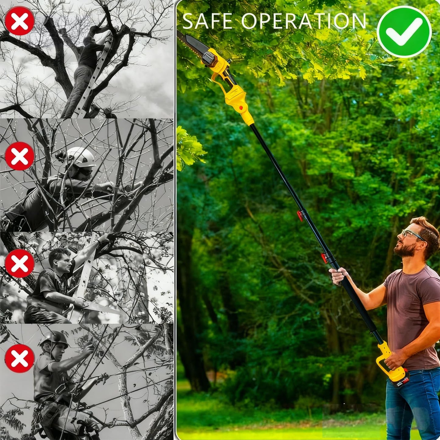 2-in-1 Cordless Pole Saw for Tree Trimming, Brushless Electric 8-Inch Mini Chainsaw with 2 x 4000mAh Battery Powered, Angle Adjustable / 16-Foot MAX Extension Pole, Branch Cutter Pruner