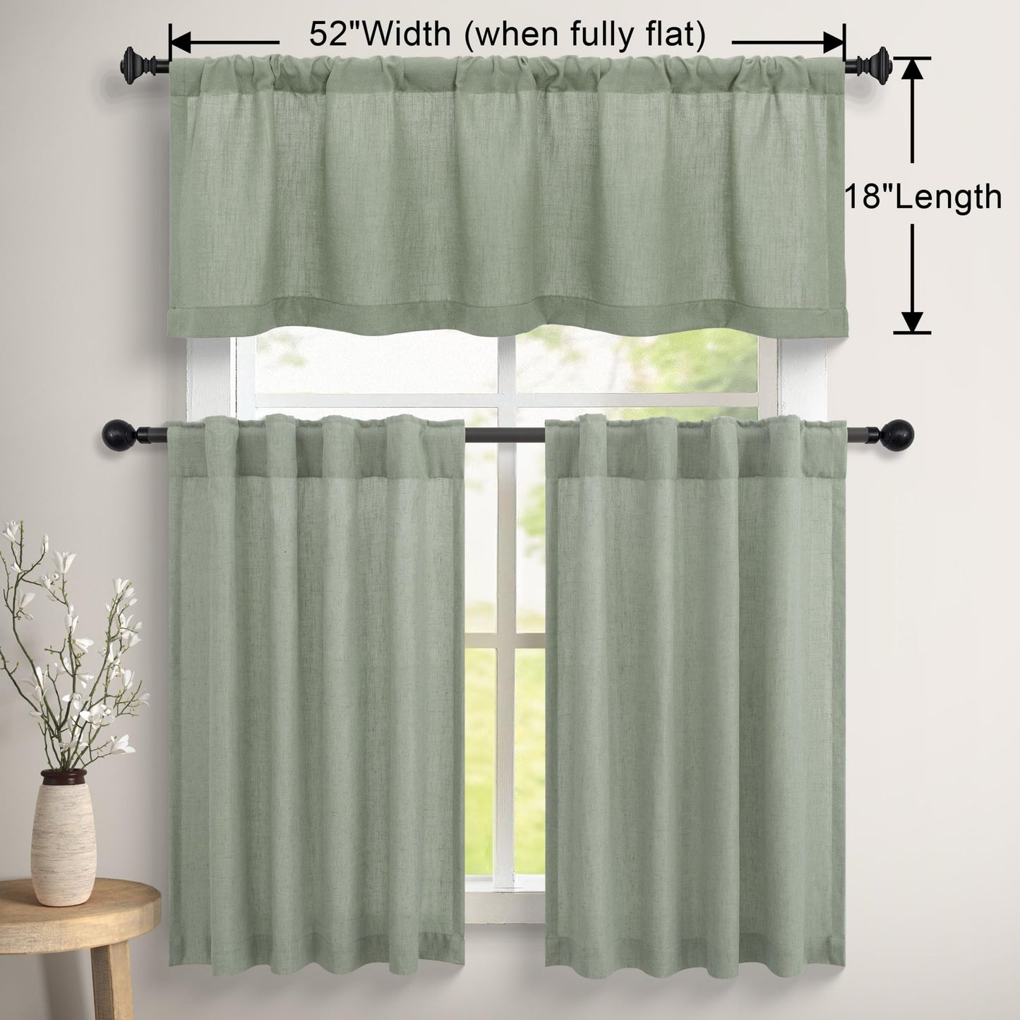 DANCURTON Sage Green Valance for Windows Kitchen Living Room Valance Rod Pocket Boho Farmhouse Country Rustic Bathroom Small Window Treatment Semi Sheer Linen Curtain Valances for Bedroom Light Sage