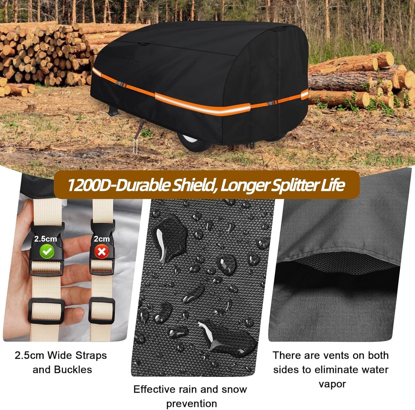 Goctoke 1200D Log Splitter Cover with Orange Reflective Strips, High Visibility Wood Splitter Protector for 15-60 Ton (94.5" x 49.6" x 41.7"), All Weather Tarp with Ground Stakes