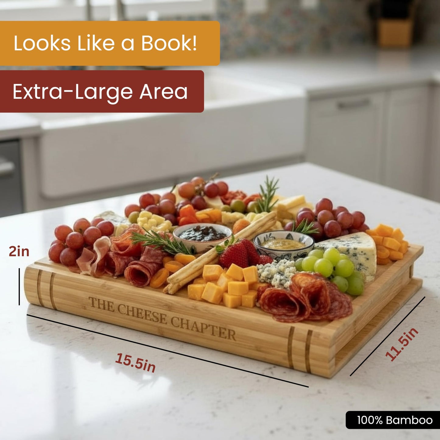 The Cheese Chapter | 100% Bamboo | Book-Inspired Charcuterie & Cheese Board | Hidden Slide-Out Drawer with Utensils & Plates | Statement Kitchen Display Piece
