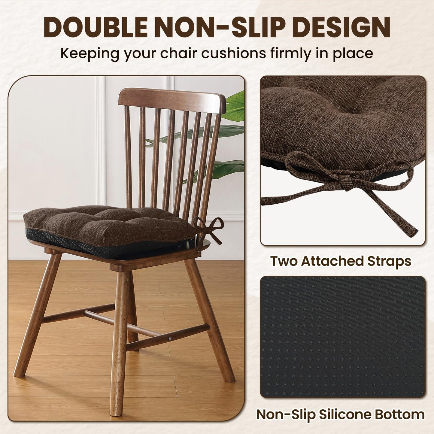 downluxe Indoor Chair Cushions for Dining Chairs, Tufted Overstuffed Textured Foam Kitchen Chair Pads with Ties and Non-Slip Backing, 15.5" x 15.5" x 4", Brown, 4 Pack