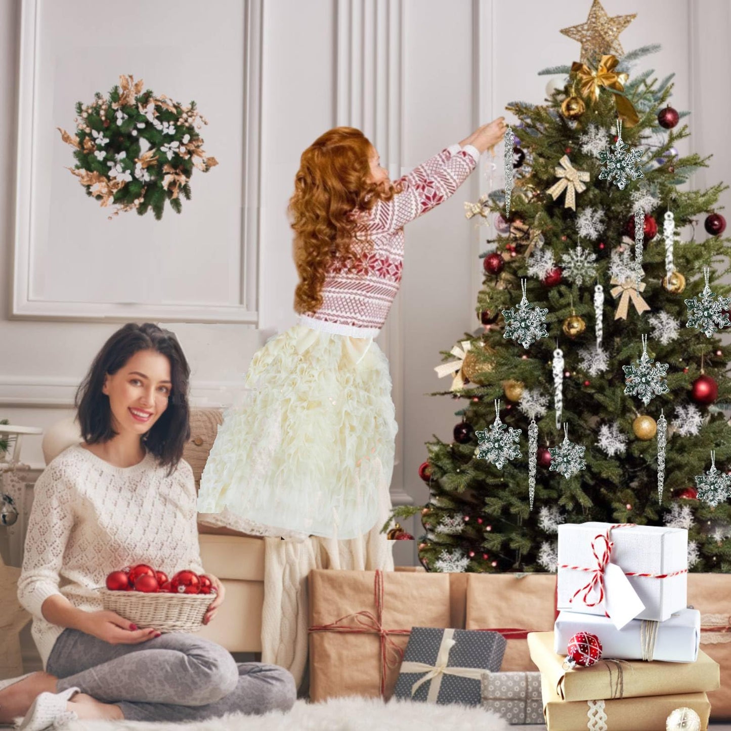 36pcs Christmas Crystal Ornaments Decoration, Hanging Christmas Snowflake Icicle Clear Acrylic Ornament Sets for New Year Wedding Winter Party Decor