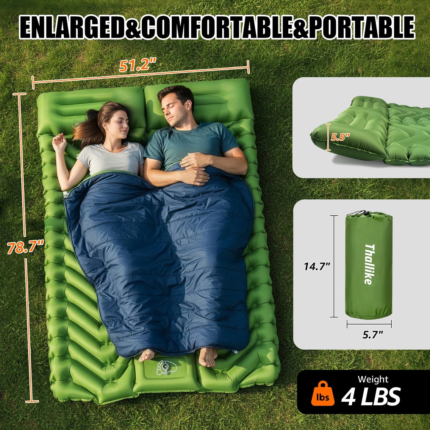 Double Sleeping Pad for Camping- 2 Person Camping Mattress with Pillow, Inflates in 60 Seconds Sleeping Pad with Pump-Electric/Foot Portable Air Pad for Backpacking, Hiking, Tent, Car Travel, Beach