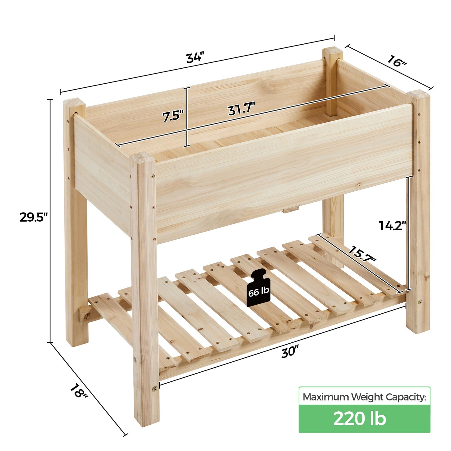 Yaheetech 34x18x30in Raised Garden Bed, Planter Box with Legs & Storage Shelf, Wooden Elevated Vegetable Growing Bed for Backyard, Patio, Balcony