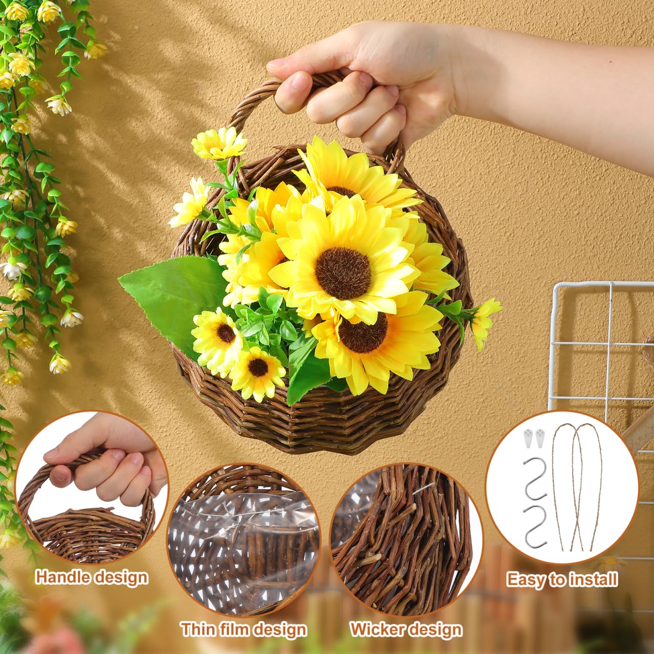 Yardwe 2Pcs Woven Wall Hanging Flower Baskets, Rattan Hanging Planters for Indoor Plants, Rustic Wall Decor Storage Containers, 12.20 X 10.62 X 4.72 Inches