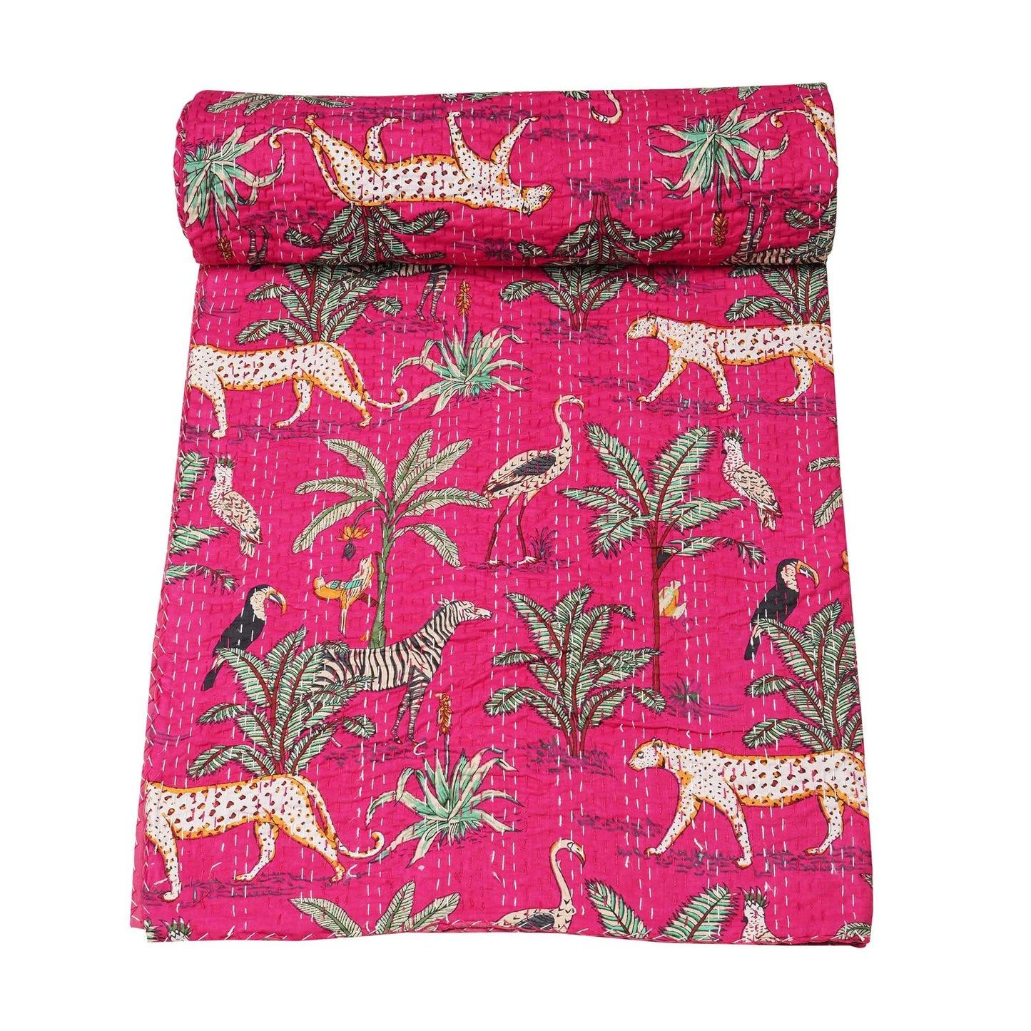 Marubhumi Quilts Indian Handmade Indian Traditional Blankets, Reversible, Jungle Print Vintage Kantha Quilt, Comforter, Hot Pink - Queen 90 x 108 Inches