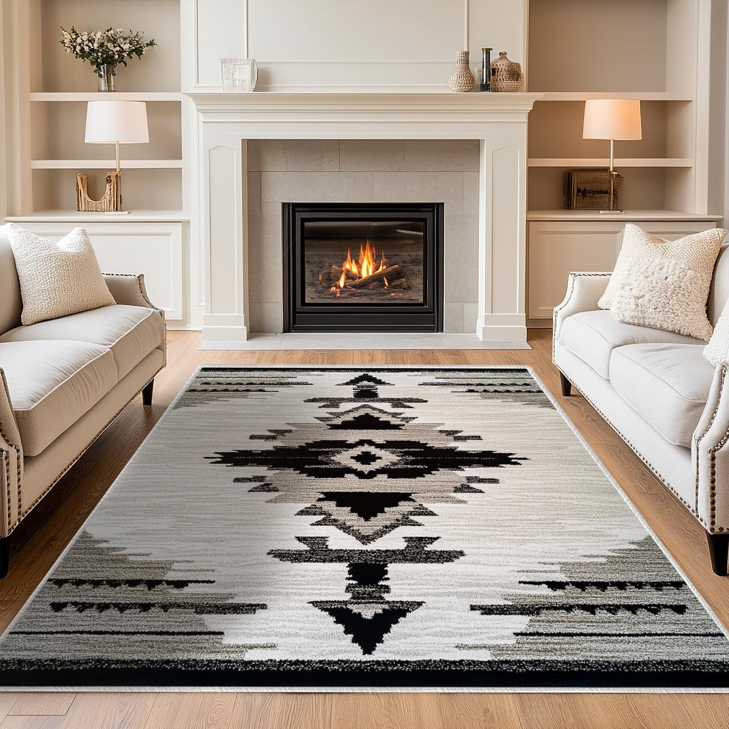 Western Area Rug Southwestern Aztec Navajo Washable 5x7 Rugs for Living Room Bedroom Southwest Tribal Gray Beige Non-Slip Soft Floor Large Carpet for Office Entryway Bathroom