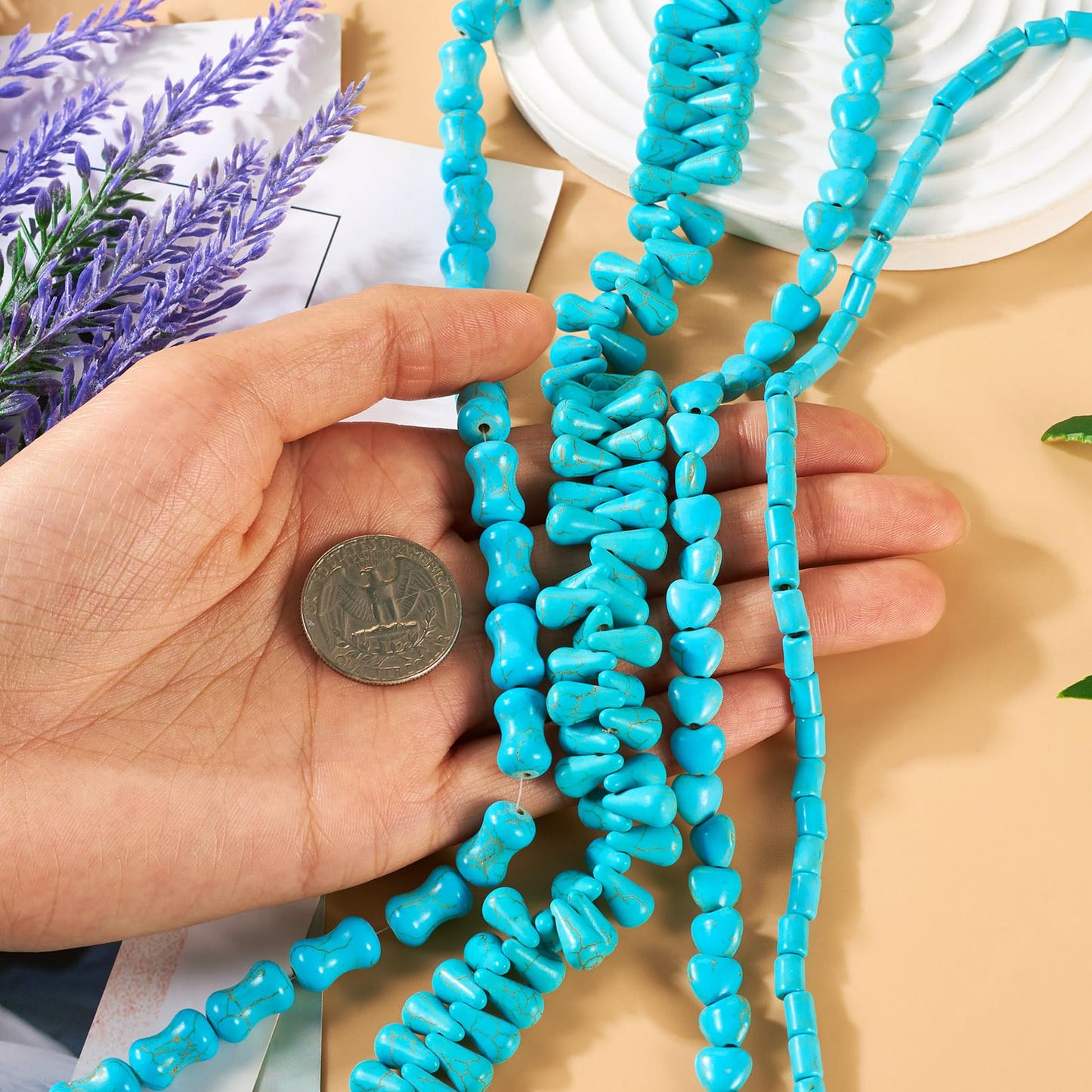 270Pcs Natural Stone Beads Turquoise Gemstone Beads Bone Teardrop Heart Column Turquoise Gemstone Loose Beads for Women Bohemian Earring Bracelet Necklace Jewelry Making