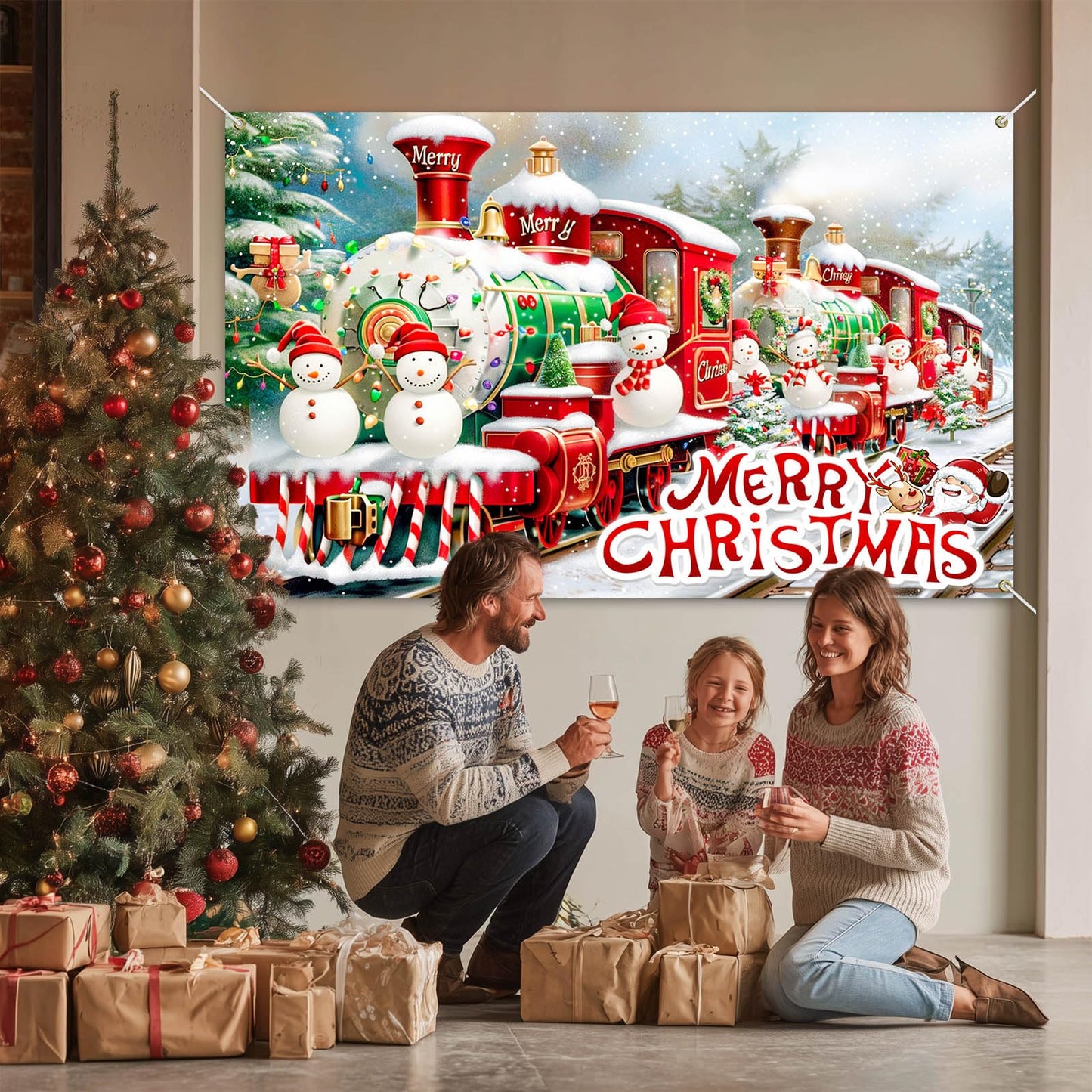BlissYard Christmas Backdrop Photography Background Train Snowman 71x43 Inch Winter Holiday Season Family Party Birthday Glitter Merry Xmas Decoration Photo Booth Prop