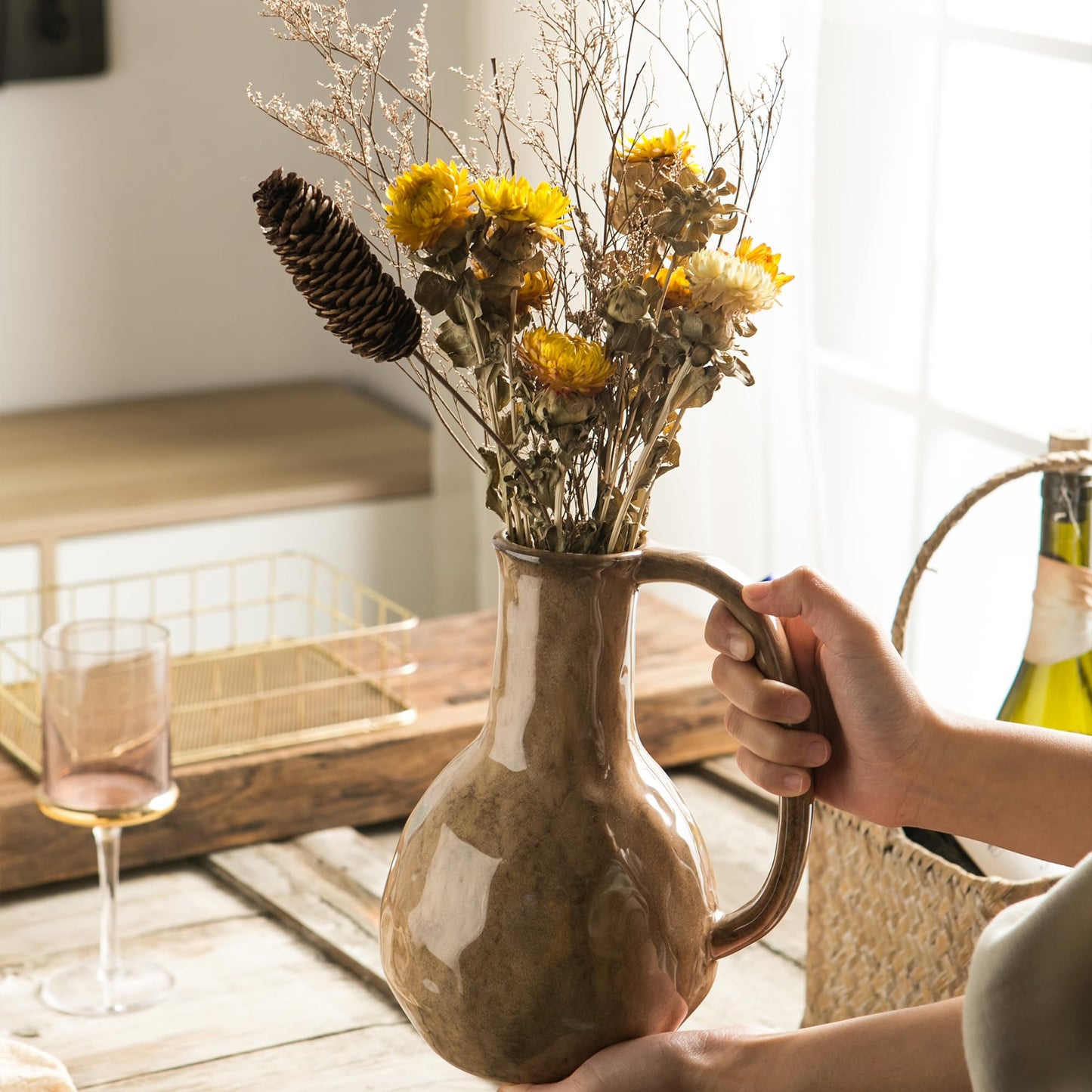 Tanvecle Brown Ceramic Vase with Big Handles, Modern Farmhouse Decor, Rustic Pottery for Flowers, Decorative Terracotta Centerpiece for Dining Table