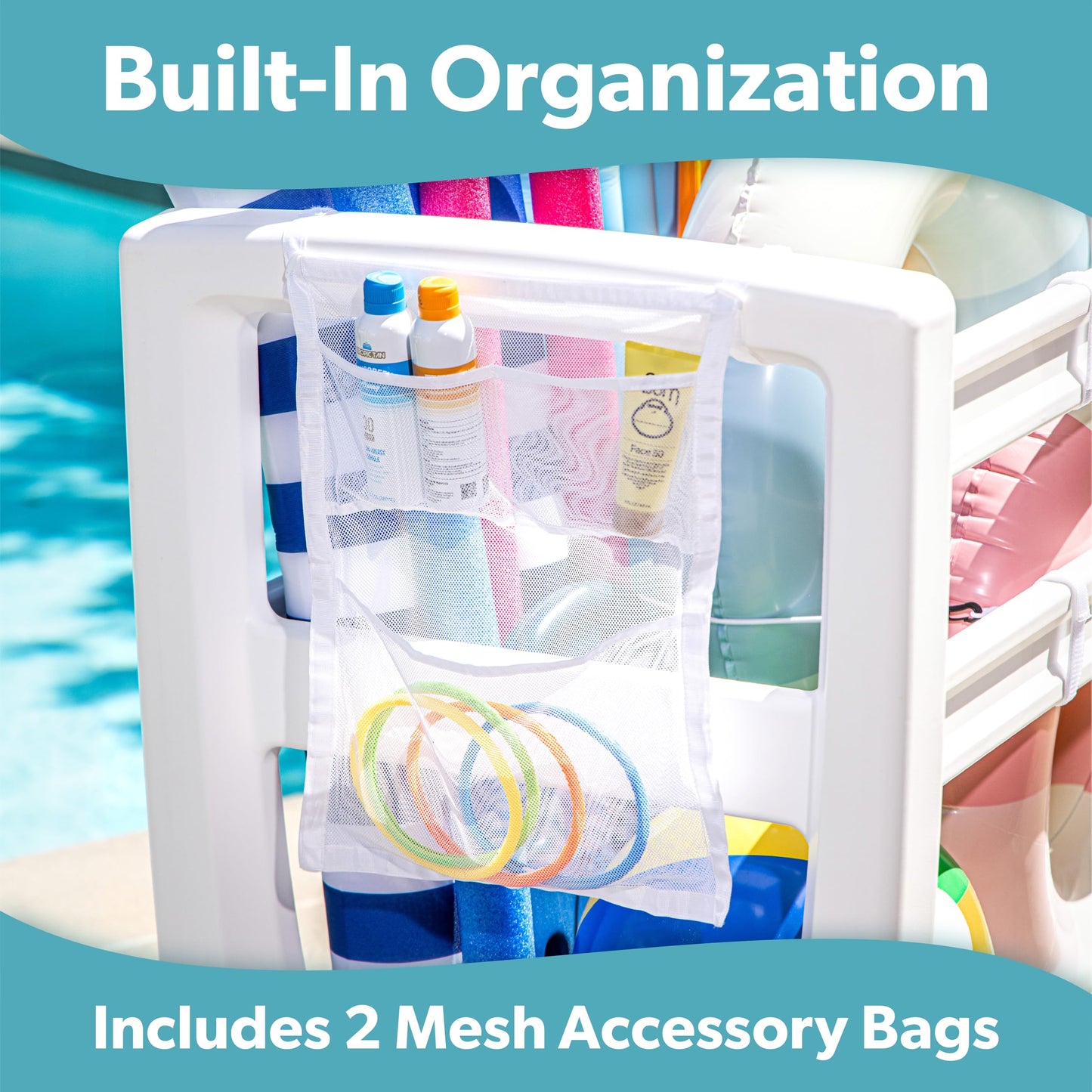 GoSports Coast Modern Pool Organizer for Floats and Toys - Large Waterproof Storage Rack for Outdoor Pool Area