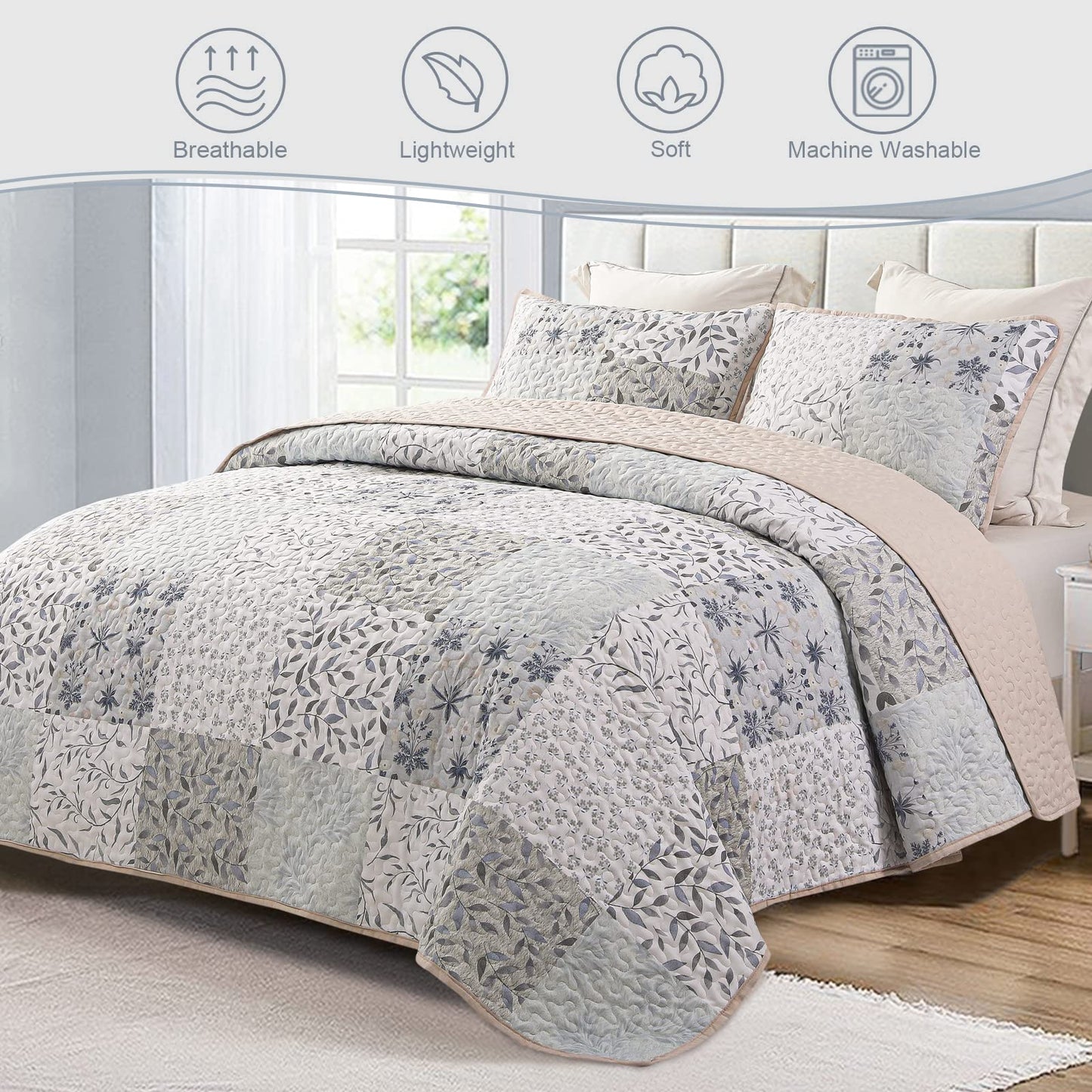 Exclusivo Mezcla Reversible Boho Quilts Queen Size, Gray Bedspreads Lightweight Coverlet All Season Patchwork Quilt Bedding Set with Printed Floral Pattern (1 Quilt, 2 Pillow Shams)