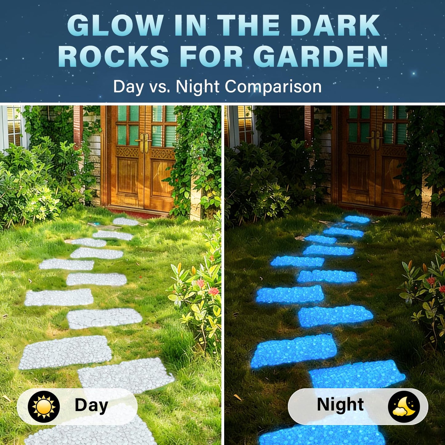 PoYang 1000pcs Glow in The Dark Rocks Outdoor - White Resin Glowing Pebbles for Landscaping, Garden, Fish Tank and Aquarium Indoor Decor, Powered by Sunlight or Lamplight (0.4"-0.7"/pc, 1.2lbs/Bag)
