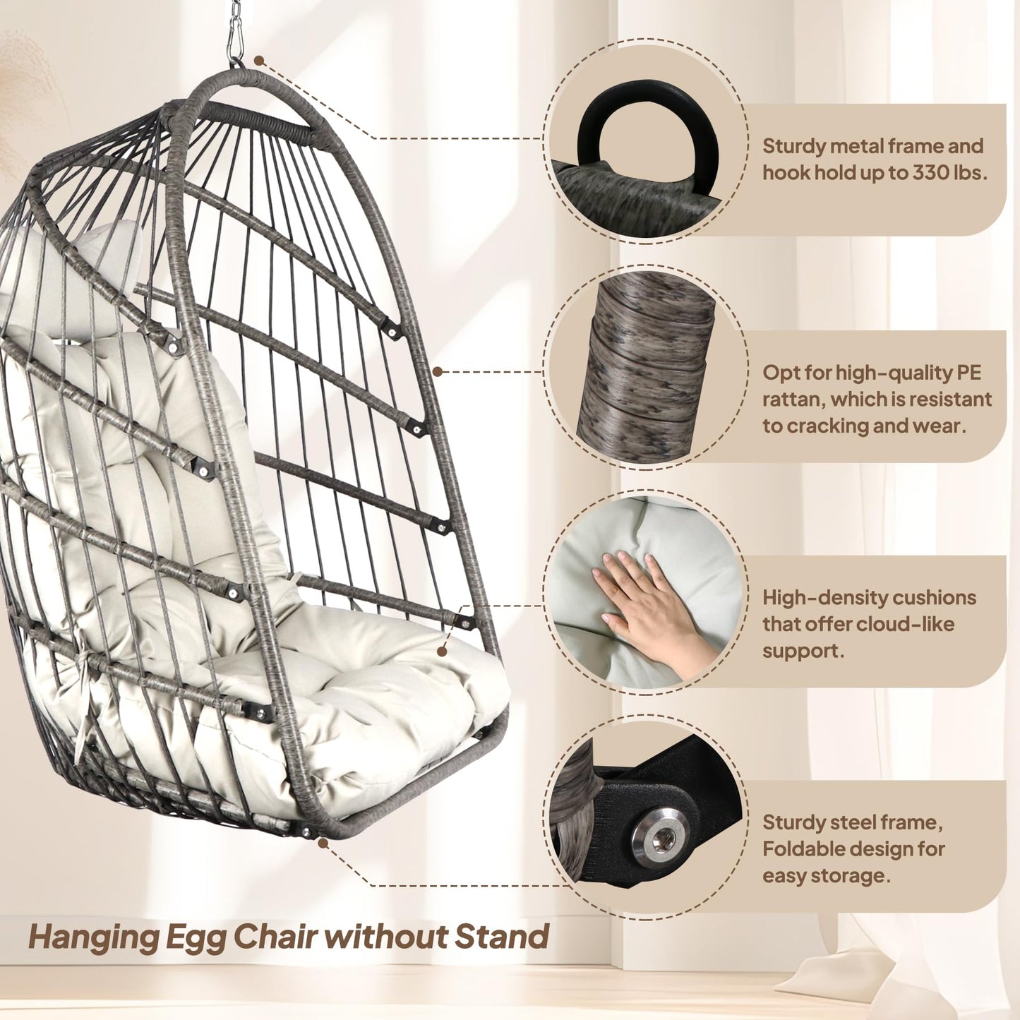 Chihee Egg Chair Foldable Wicker Rattan Hanging Swing Chair Indoor Outdoor Patio Wicker Chair Hammock Chairs with Stainless Steel Hanging Kit Chain Link UV Resistant Cushion Bedroom Balcony