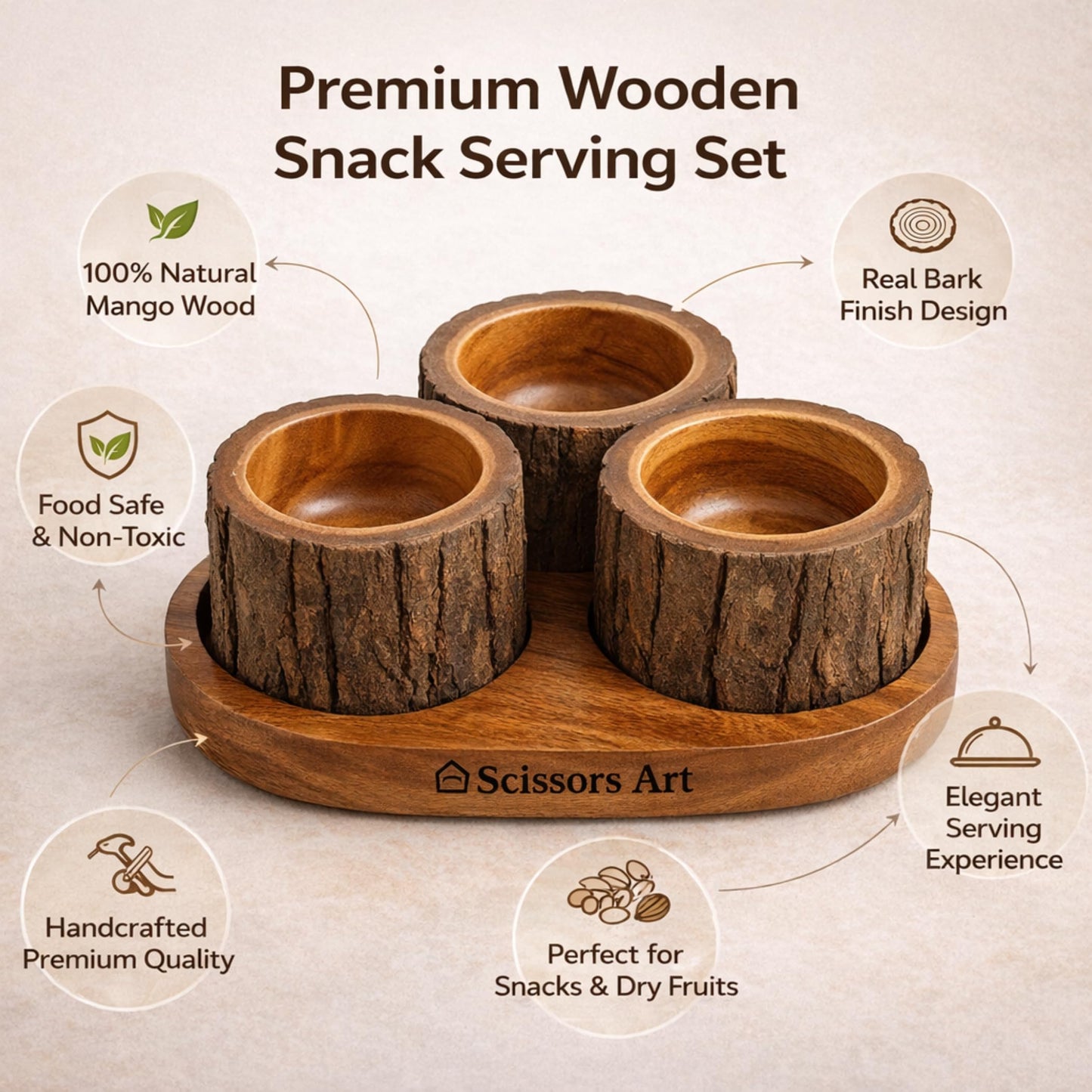 Scissors Art Wooden Dry Fruit Serving Set – 360° Rotating Divided Snack Organizer | Fruit & Veggie Platter for Party, Candy, Appetizer & Condiment Serving Bowls (3 Bowl Set)