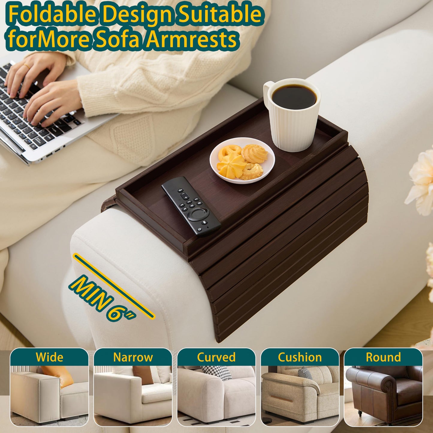 Bamboo Couch Arm Tray Table，Foldable Sofa Armrest Tray Table for Couch，Flexible and Anti-Slip Couch Arm Cup Holder，Portable Sofa Arm Chair Table for Drink,Cups, Eats，Snacks, Phone, Remote