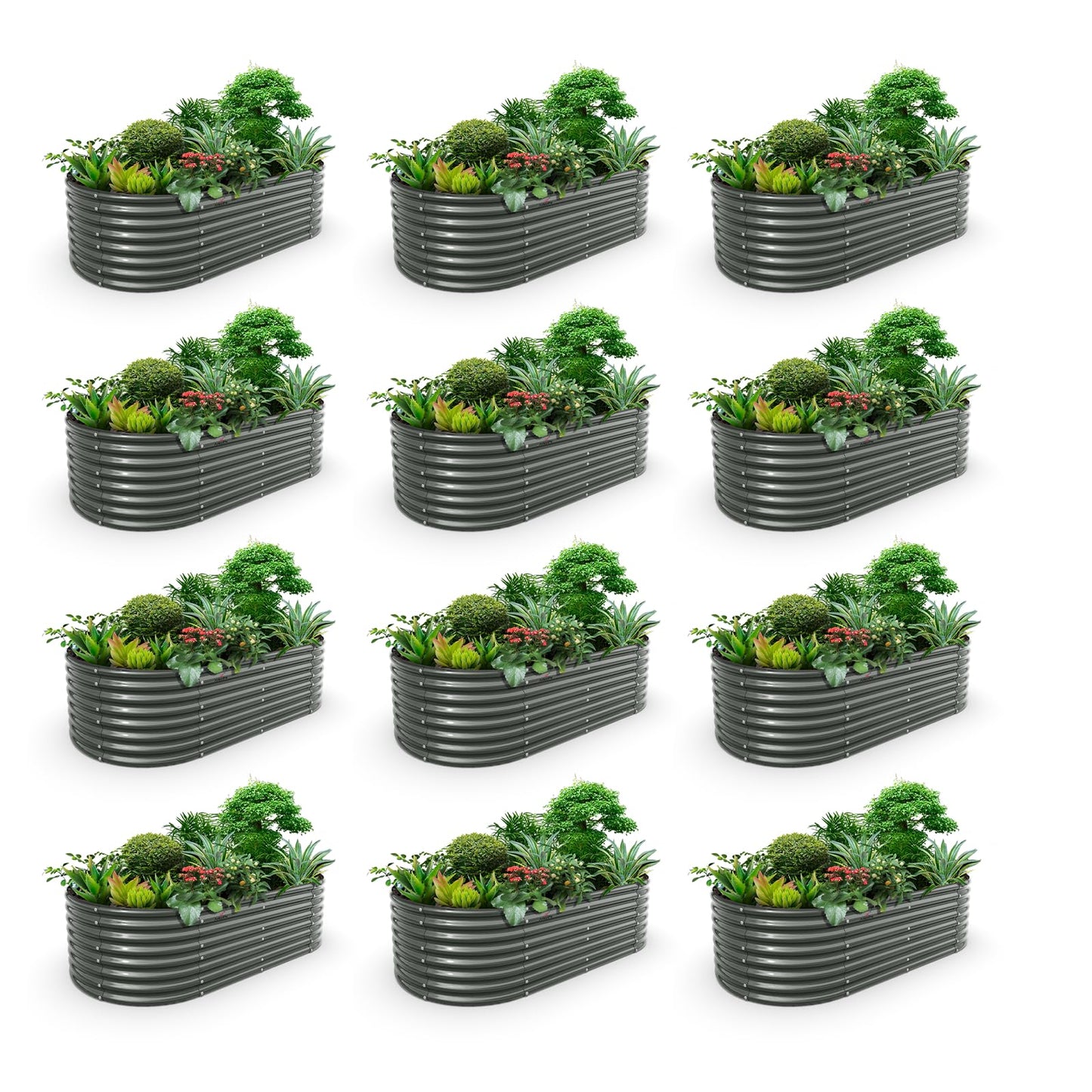 A ANLEOLIFE 12-Set 8X4X2 ft Galvanized Raised Garden Bed Kit, Oval Metal Deep Root Planters for Outdoor Plants, Quartz Grey