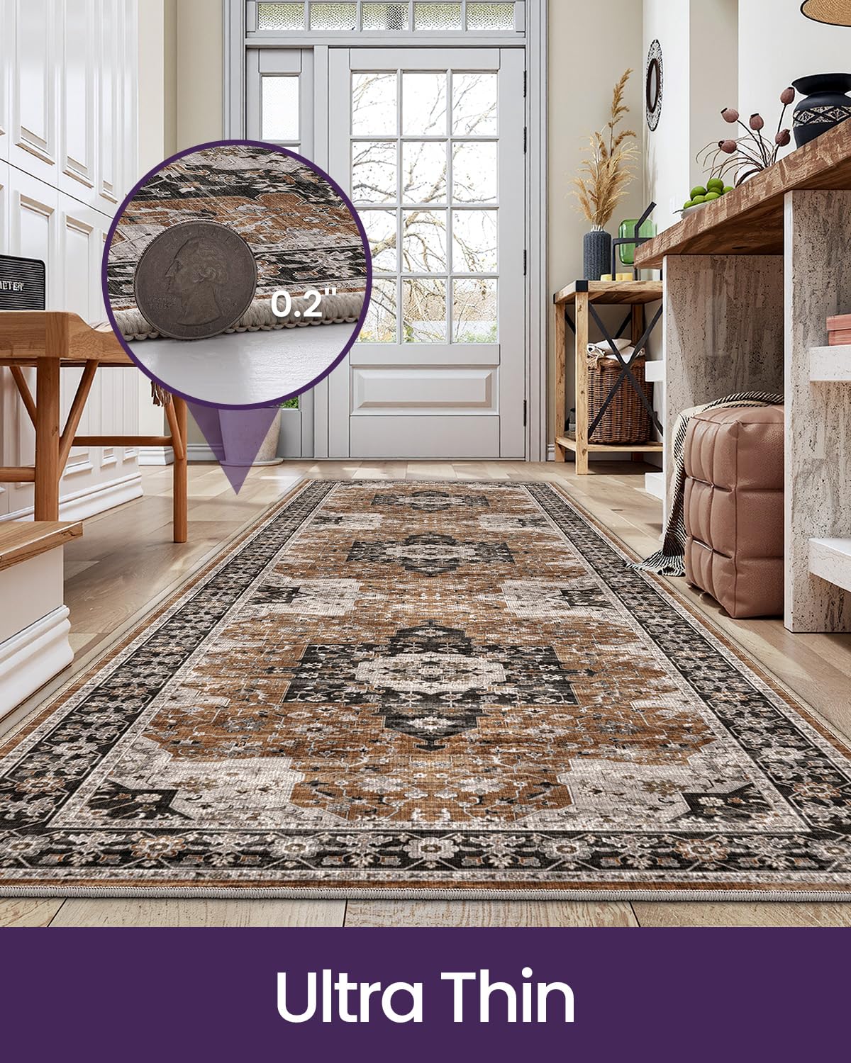 DEXI Hallway Washable Runner Rug 3x7, Vintage Farmhouse Thin Kitchen Runner with Non Slip Backing, Soft Entryway Floor Rug, Stain Resistant Distressed Carpet for Bedroom Living Room, Brown