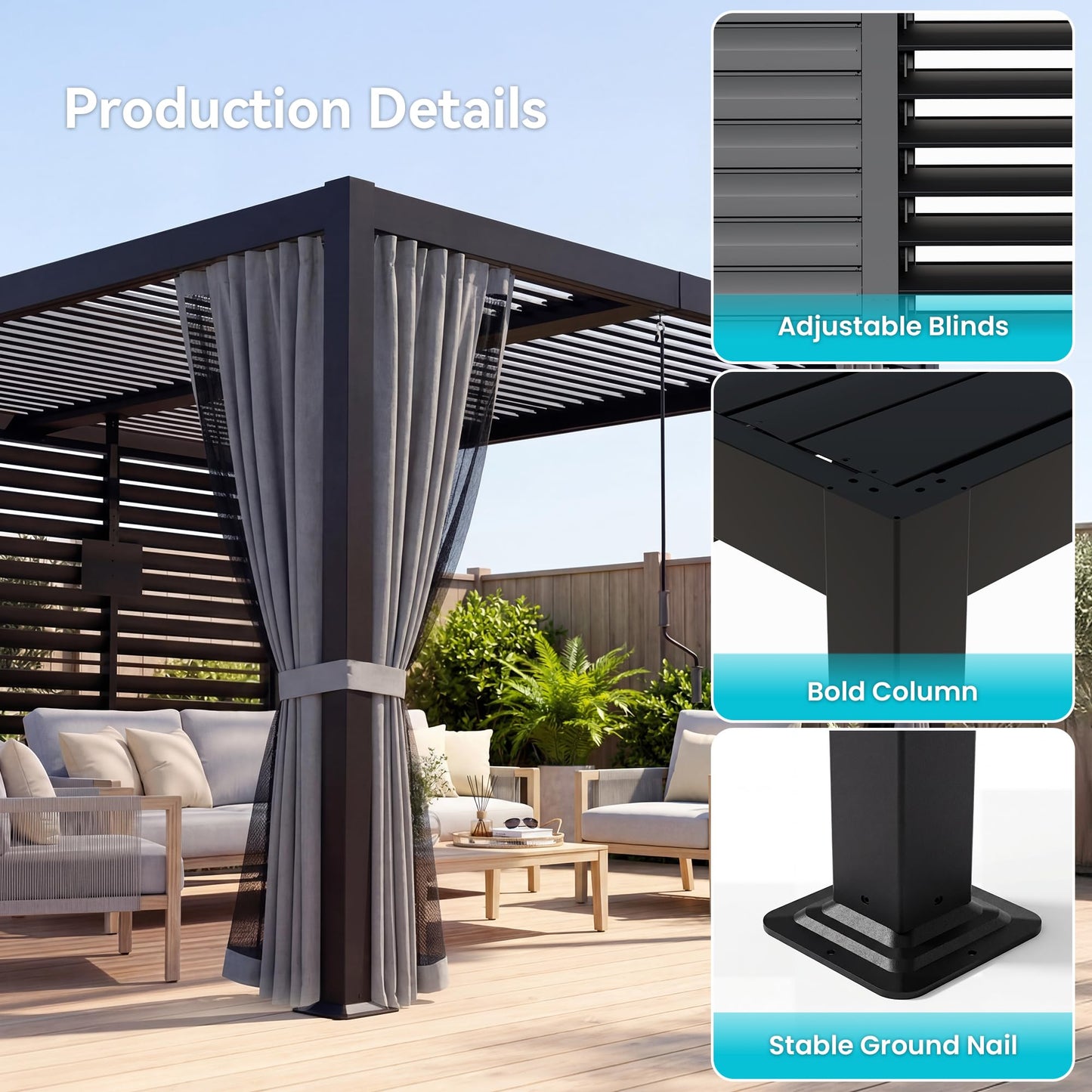 COSIEST 10' x 12' Louvered Pergola with TV Mount, Outdoor Aluminum Pergola with Adjustable Roof, 4 Posts Drainage System, Privacy Curtains & Rainproof Gazebo for Patio, Deck, Backyard, Garden