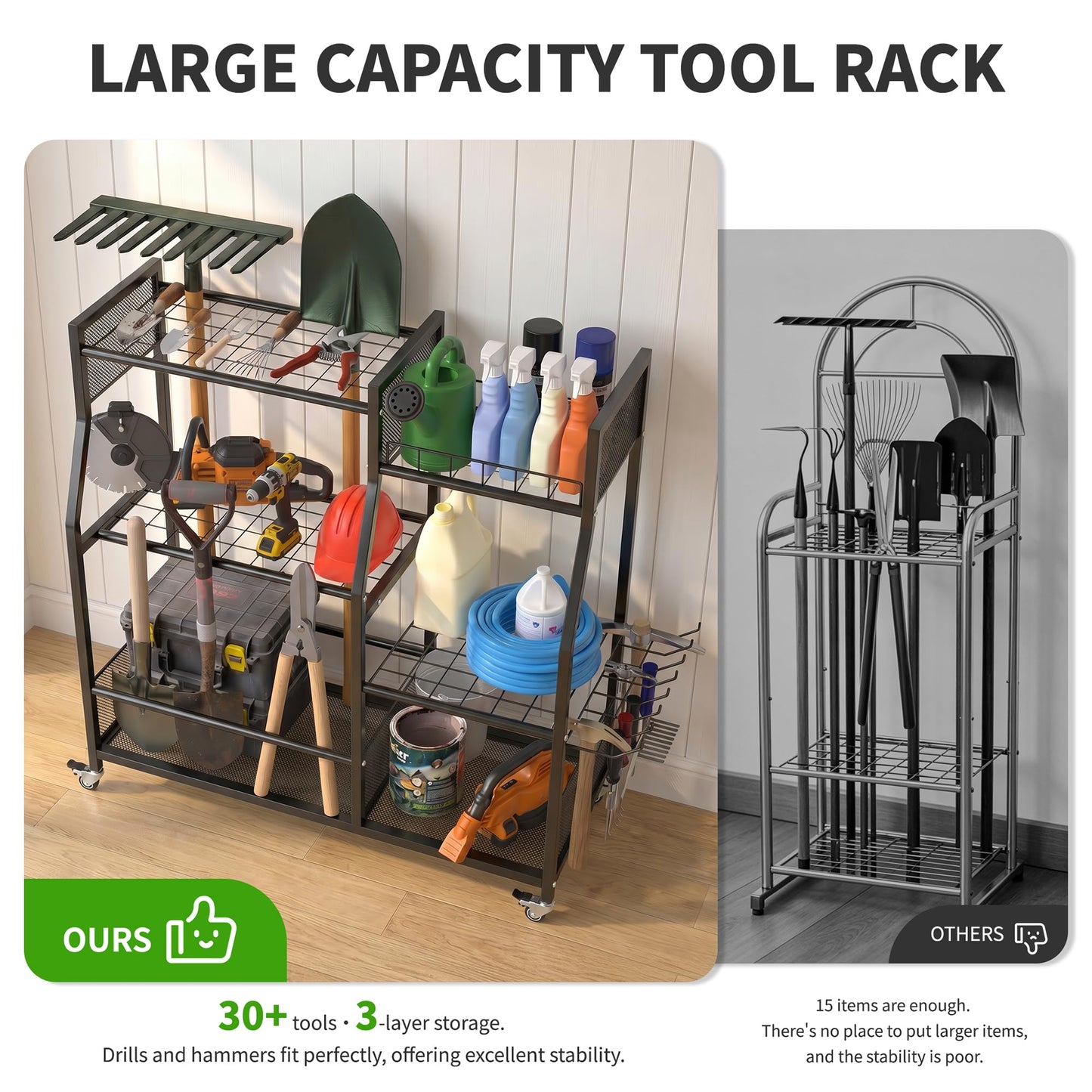HOTEAGLE Garden Tool Organizer for Garage with 35.4” Width(High Stability), Outdoor Metal Utility Rolling Carts with Mute Wheels & 18.5mm Thick Rods, Easy to Clean, Black