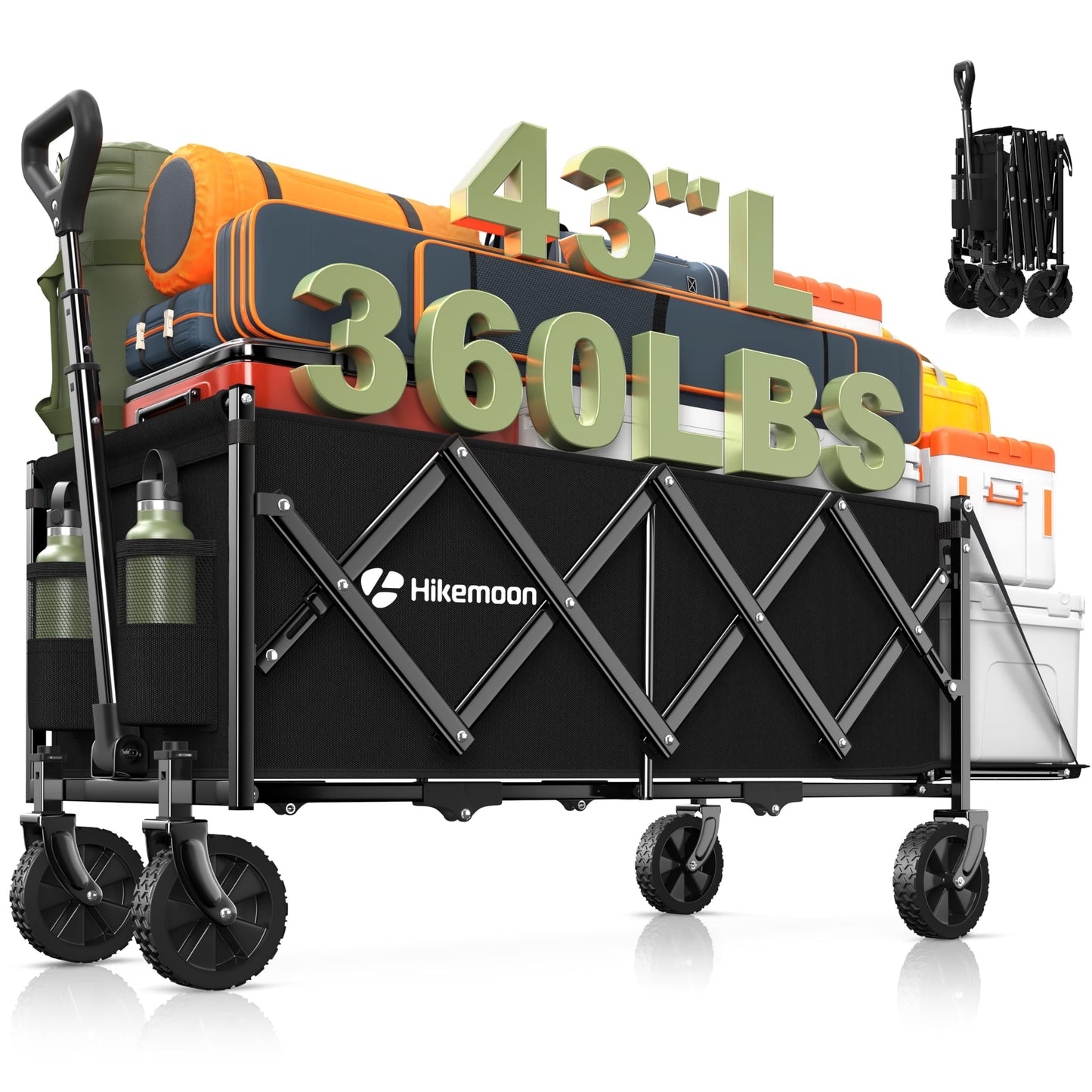 Hikemoon 43'' Extra Long Collapsible Wagon with Extended Tailgate, 360LBS Heavy Duty Wagons Carts Foldable, Portable Folding Outdoor Utility Cart for Grocery, Shopping, Garden, Camping, Black