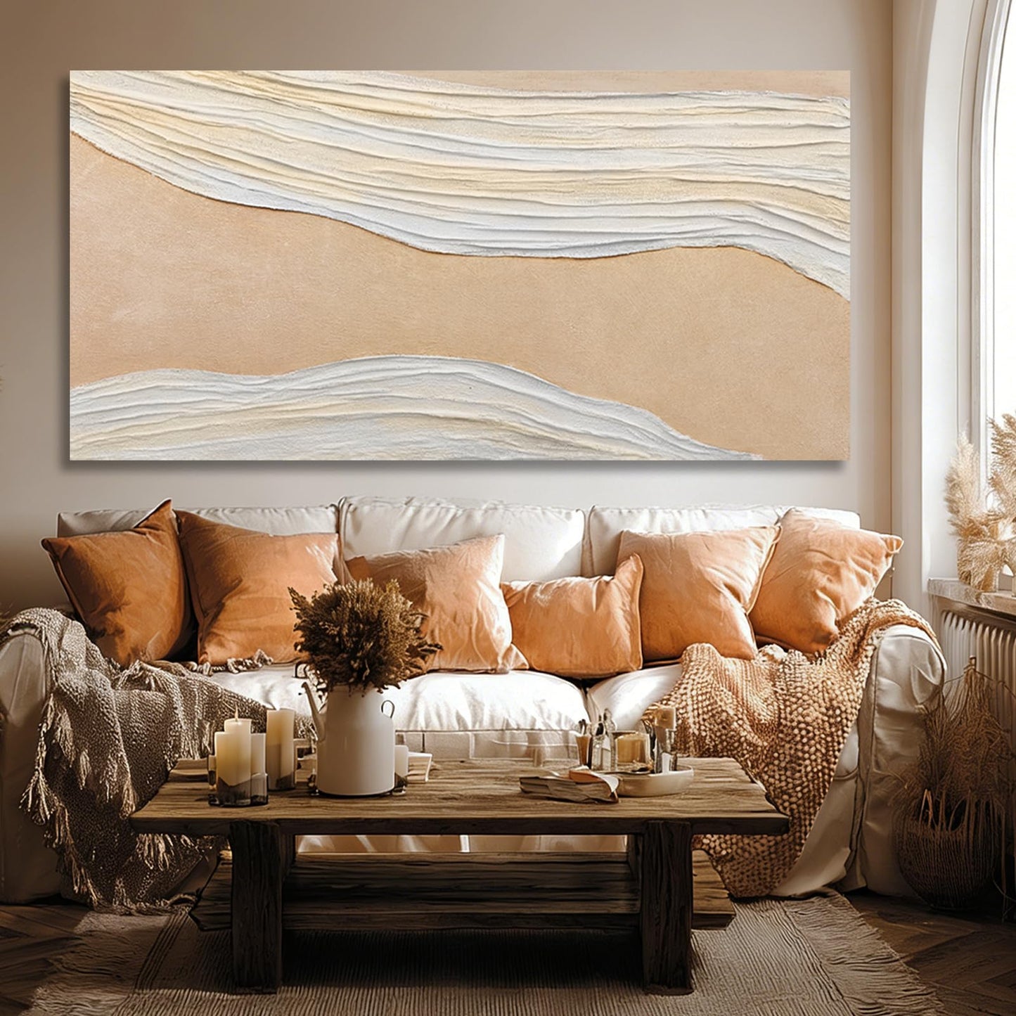 Dolidoteart Beige White Canvas Wall Art, Large Wall Art for Living Room, Hand Painted Abstract Oil Painting, Oversized Horizontal Wall Decor for Bedroom Office, 29x58 Inch
