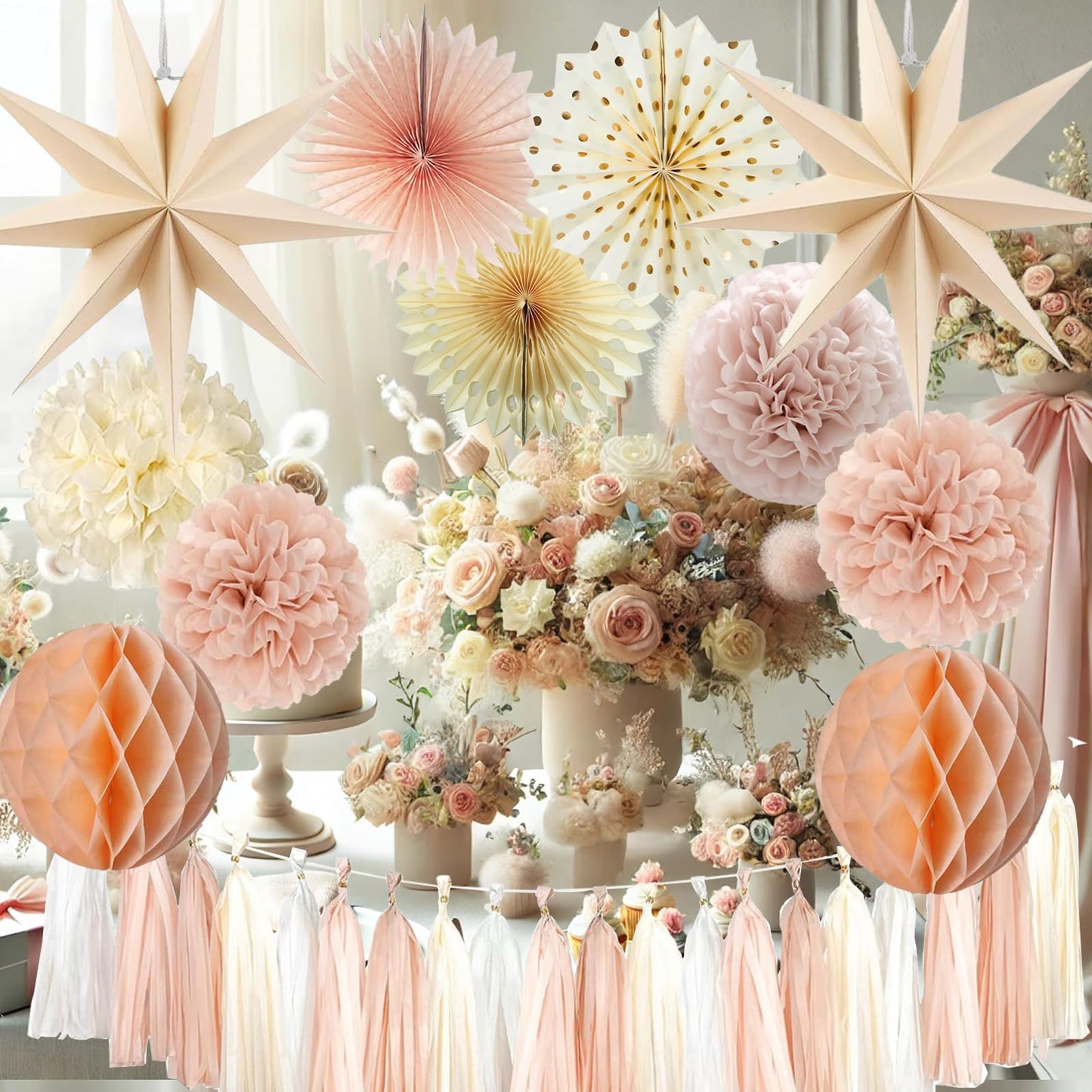 Champagne Beige Party Decoration,15PCS Champagne Boho Birthday Decorations for Women Men Girl Boy,Hanging Backdrop Decor for Engagement,Boho Wedding,Baby Shower,Bridal Shower,Garden Party