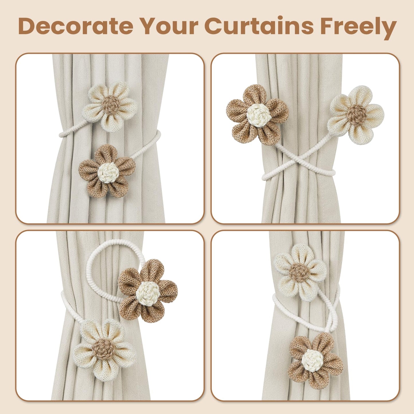 KLOGTSIND Flower Curtain Tiebacks, 2 Pack Boho Curtain Ties Elegant DIY Curtain Holdbacks, Decorative Window Drape Twist Tie Backs for Bedroom Decor, Nursery Decor, Farmhouse Decor
