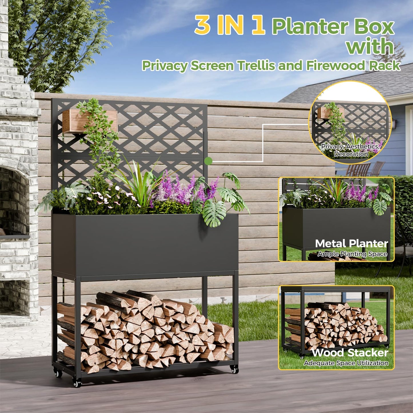 Diyfire Metal Planter Box with Trellis, 55"x35"x16"Metal Raised Garden Bed with Drainage Holes, Raised Garden Beds Outdoor, Privacy Planters Trellis for Climbing Plants, Patio,Garden, Wheels, Black