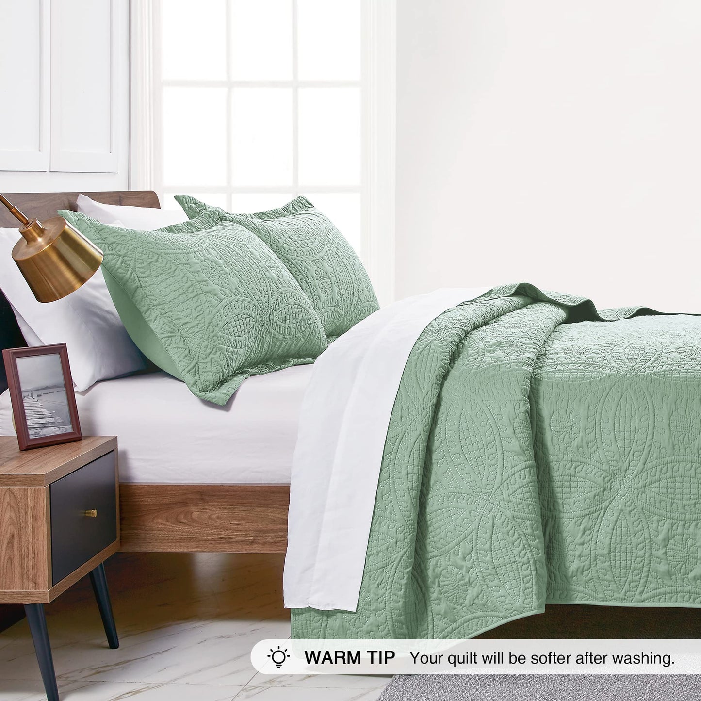 Love's cabin Quilts for Queen Bed Sage Bedspreads - Soft Bed Summer Lightweight Bedspread Comforter - Modern Style Coin Pattern Coverlet for All Season - 3 Pieces (1 Quilt, 2 Pillow Shams)