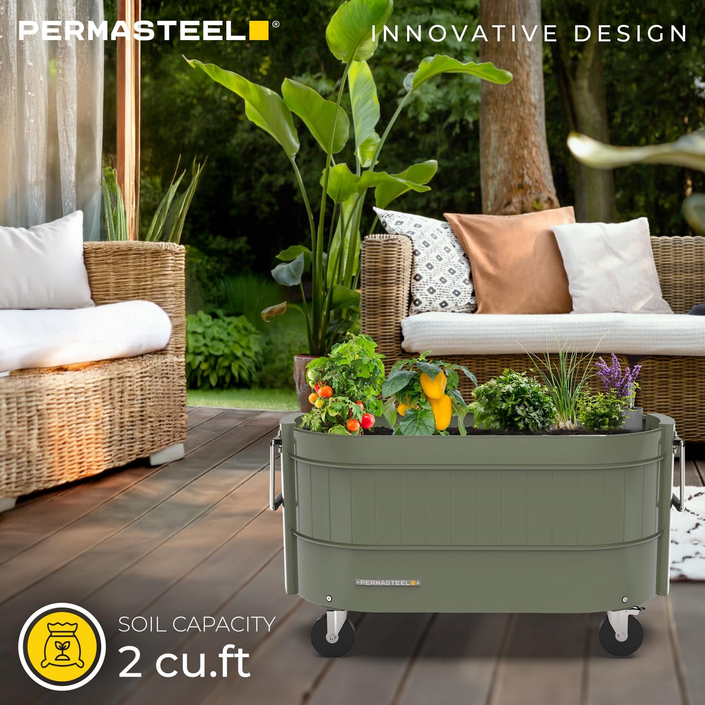 Permasteel Self-Watering Garden Bed, Rolling Planter for Vegetables, Flowers, Herbs, and Fruit, Outdoor Indoor, Caster Wheels, Army Green