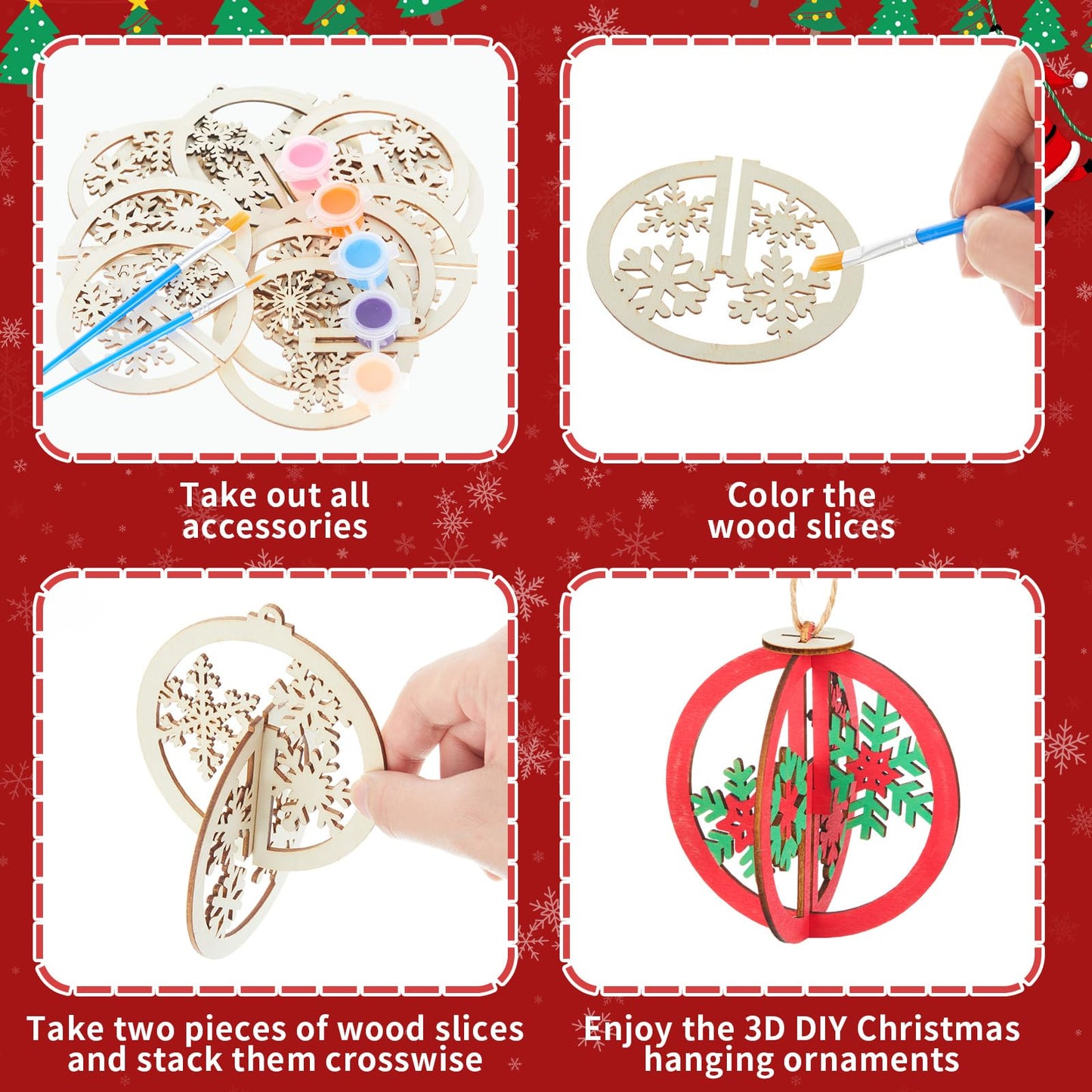 Chunful 24 Pcs DIY Christmas Wooden Ornaments 3D Unfinished Wood Crafts to Paint Christmas Hanging Cutouts Blank Hollow Wood Santa Reindeer Snowman Slice for Xmas Tree Decorations(Snowflake)