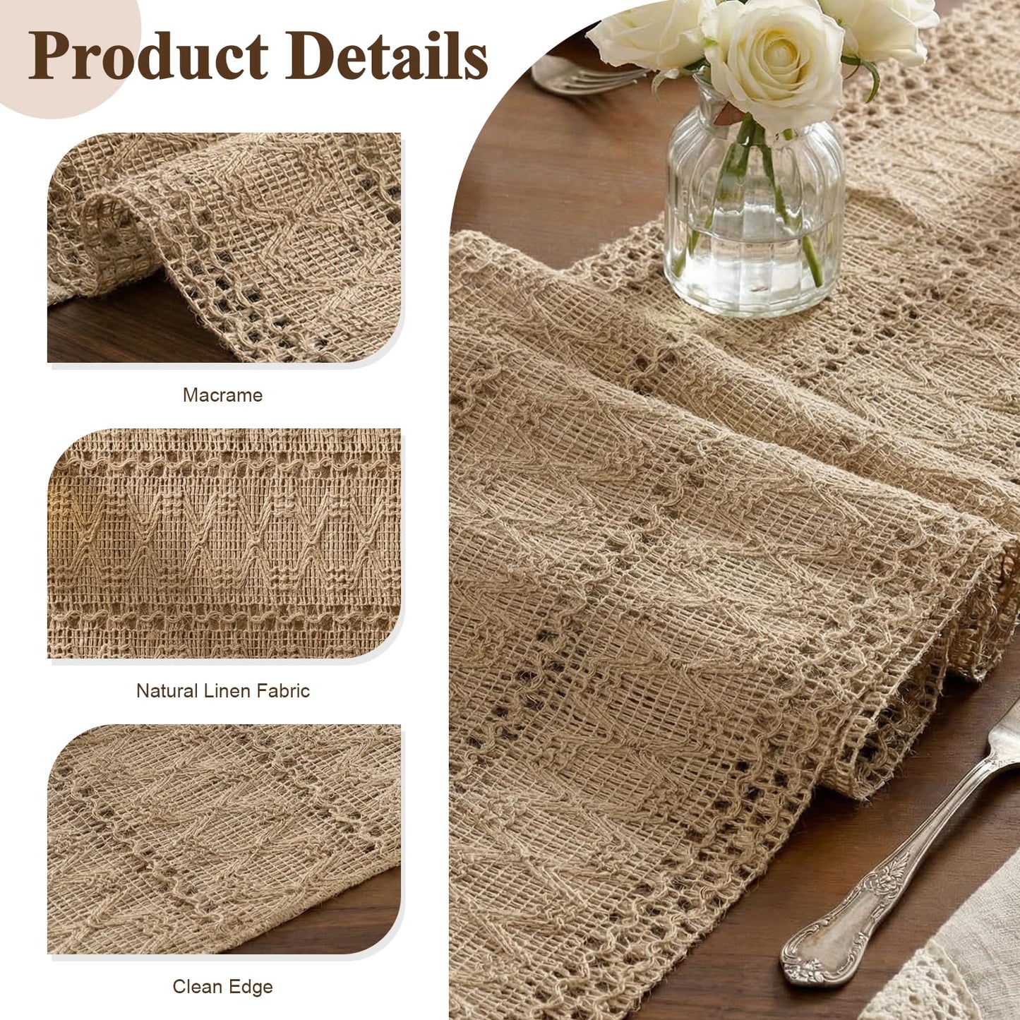 Xiomot Burlap Boho Table Runner Farmhouse Rustic Jute Macrame Woven Dining Table Runner for Bedroom Dresser Kitchen Home Decor(Brown, 12x36 in)