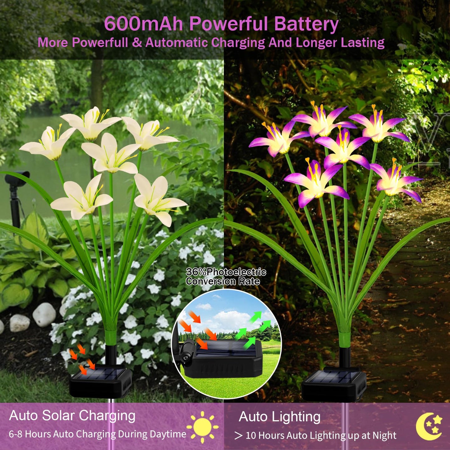 stadeco Solar Garden Lights New Upgraded Solar Wild Lily Flower Lights, Yard Patio Pathway Deco High Flexibility Copper Wire & Handmade Silk Artificial Flowers Never Wither, Gift for Family Friends
