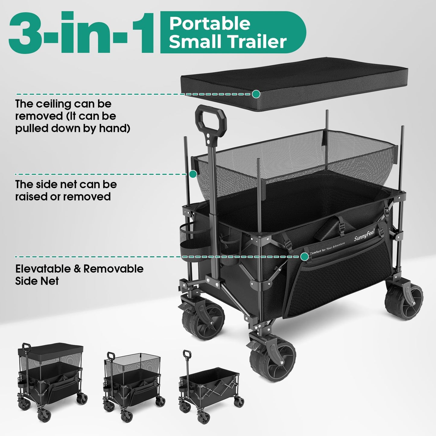 SUNNYFEEL 445L Extra Large Folding Wagon Cart with Canopy, 440 LBS Heavy Duty Collapsible Utility Cart with All-Terrain Wheels, 3-in-1 Portable Wagon for Garden, Groceries, Camping, Beach, Shopping