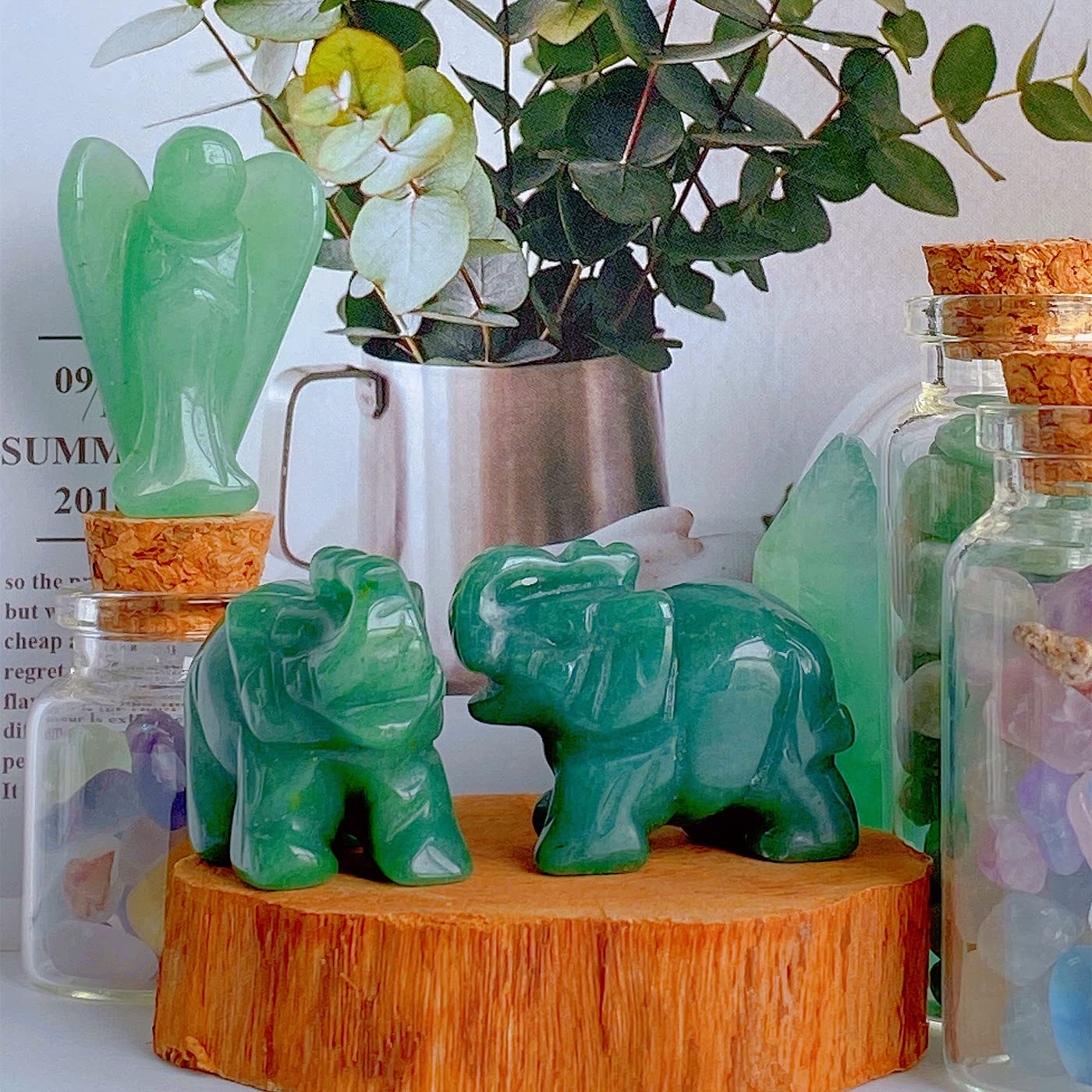 QINJIEJIE Green Aventurine Elephant Crystals Elephant Decor Pocket Polished Crystal Statue Guardian Figurine Office Hippie Room Cute Green Desk Decor Spiritual Gift Love Christmas Stocking Stuffers
