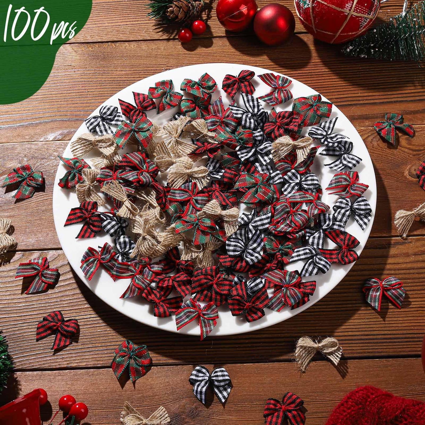 YGDZ 100 PCS Mini Christmas Bows, Small Plaid Ribbon Bows for Crafts, 1 Inch Tiny Buffalo Plaid Burlap Bows for Christmas Decor, Gift Wrapping, Christmas Tree Ornament Bows