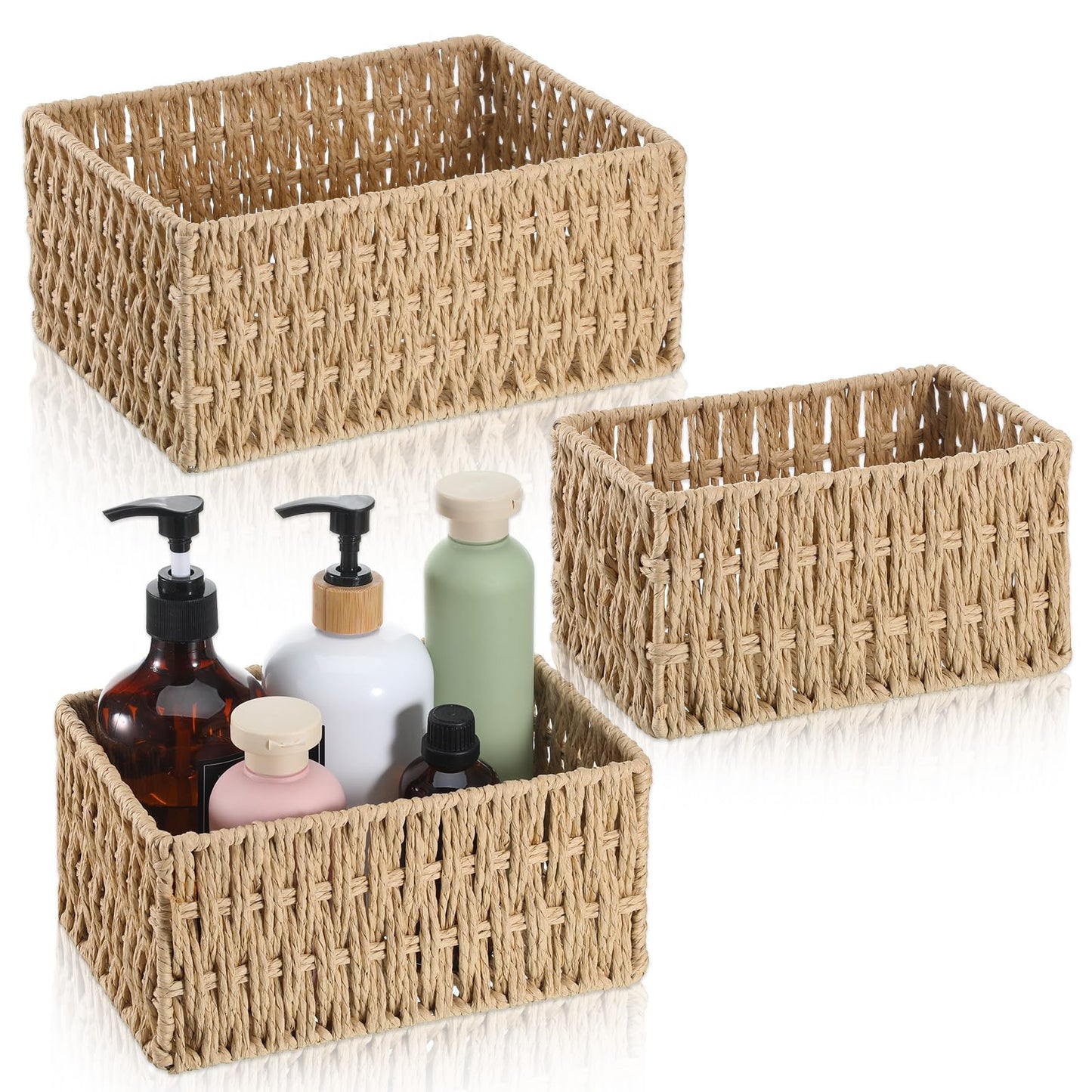 3 Pack Wicker Baskets for Organizing, Toilet Tank Basket for Bathroom, Hand-Woven Paper Rope Wicker Baskets, Toilet Paper Storage Basket for Toilets Tank Top for Shelves