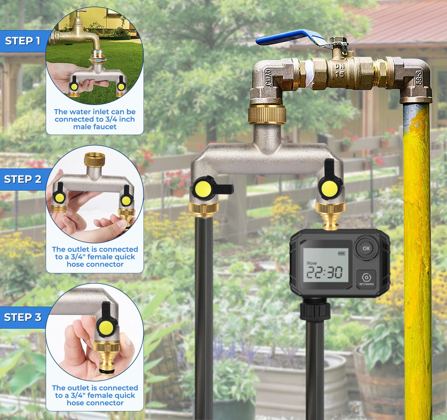 Anstore 2 Way Heavy Duty Faucet Splitter, Two Way Hose Splitter Brass Tee Valve with Handle 3/4" Garden Hose Connector Dual Outlet, Spigot Splitter 2 Way for Home, Yard, Washing Machine, Garden Hoses