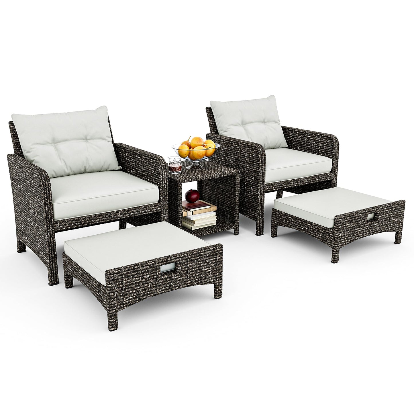Pamapic Outdoor Furniture 5 Piece Patio Conversation Set, Wicker Rattan Patio Set with Soft Cushions & Coffee Table, Balcony Furniturefor with 2 Ottoman for Porch, Garden, Lawn (Grey)