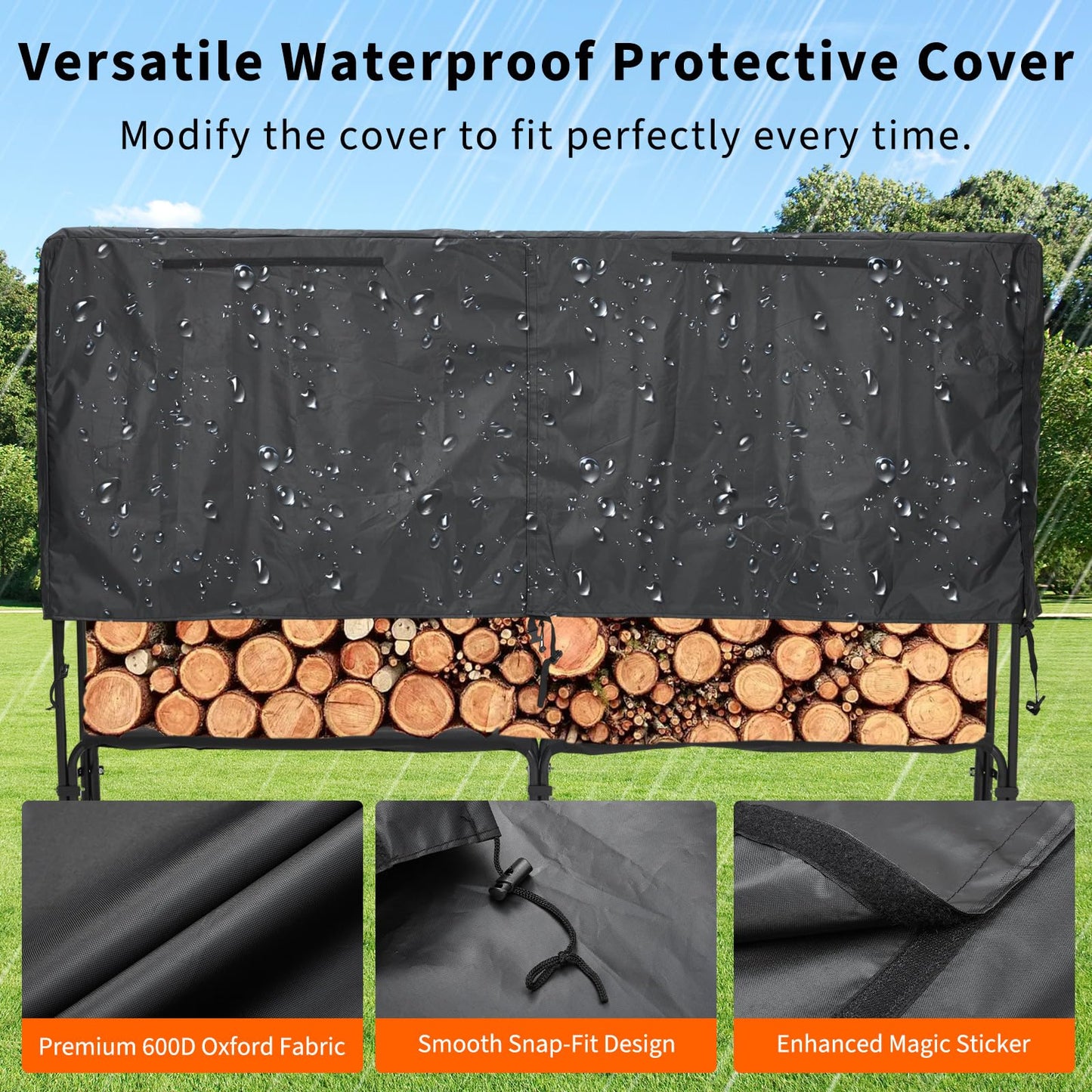 MERXENG 8ft Firewood Rack Holder with Cover, Heavy Duty Fire Log Stacker Stand for Fireplace, Outdoor Indoor Metal Wood Pile Storage Organizer, Patio Logs Stand tool, Black
