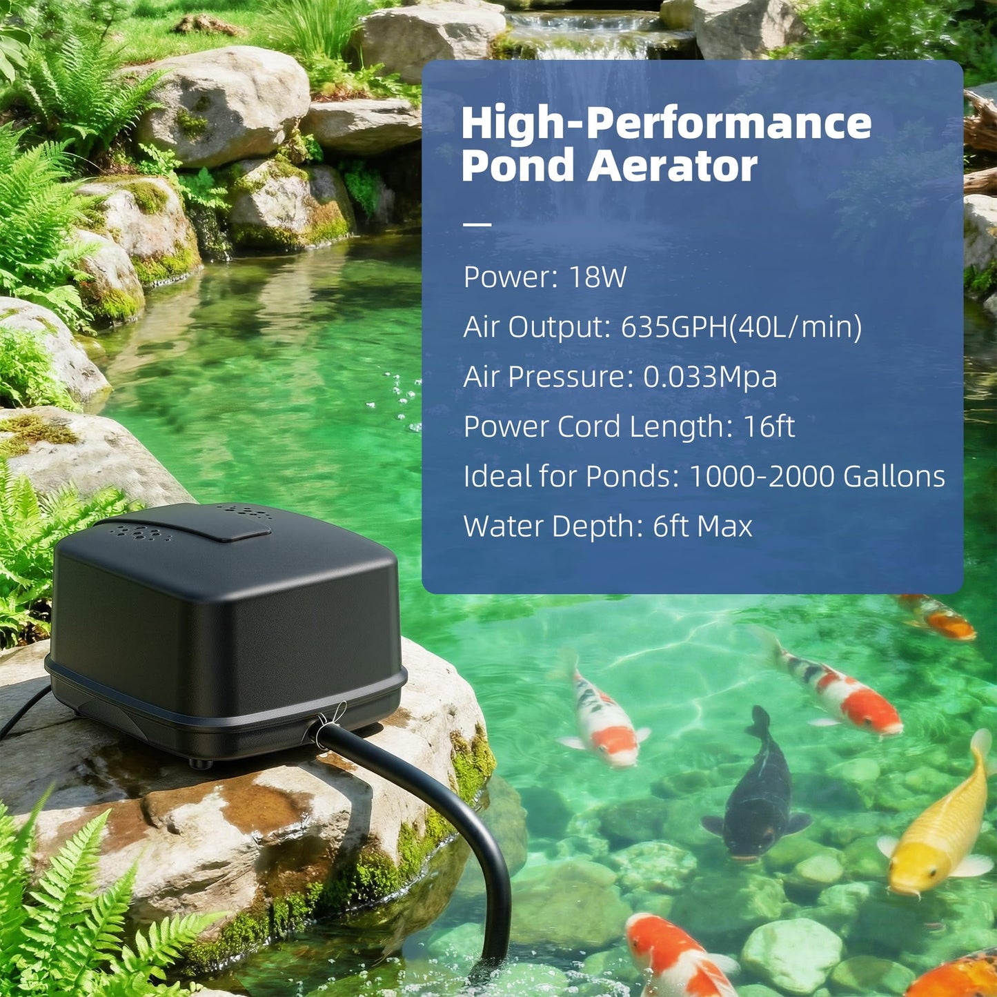 Biling Pond Aerator, Ultra Quiet 43dB 635GPH Pond Air Pump, IP55 Waterproof Septic Aerator for Outdoor Ponds, Koi Ponds, Water Gardens and Septic Tank BL-40