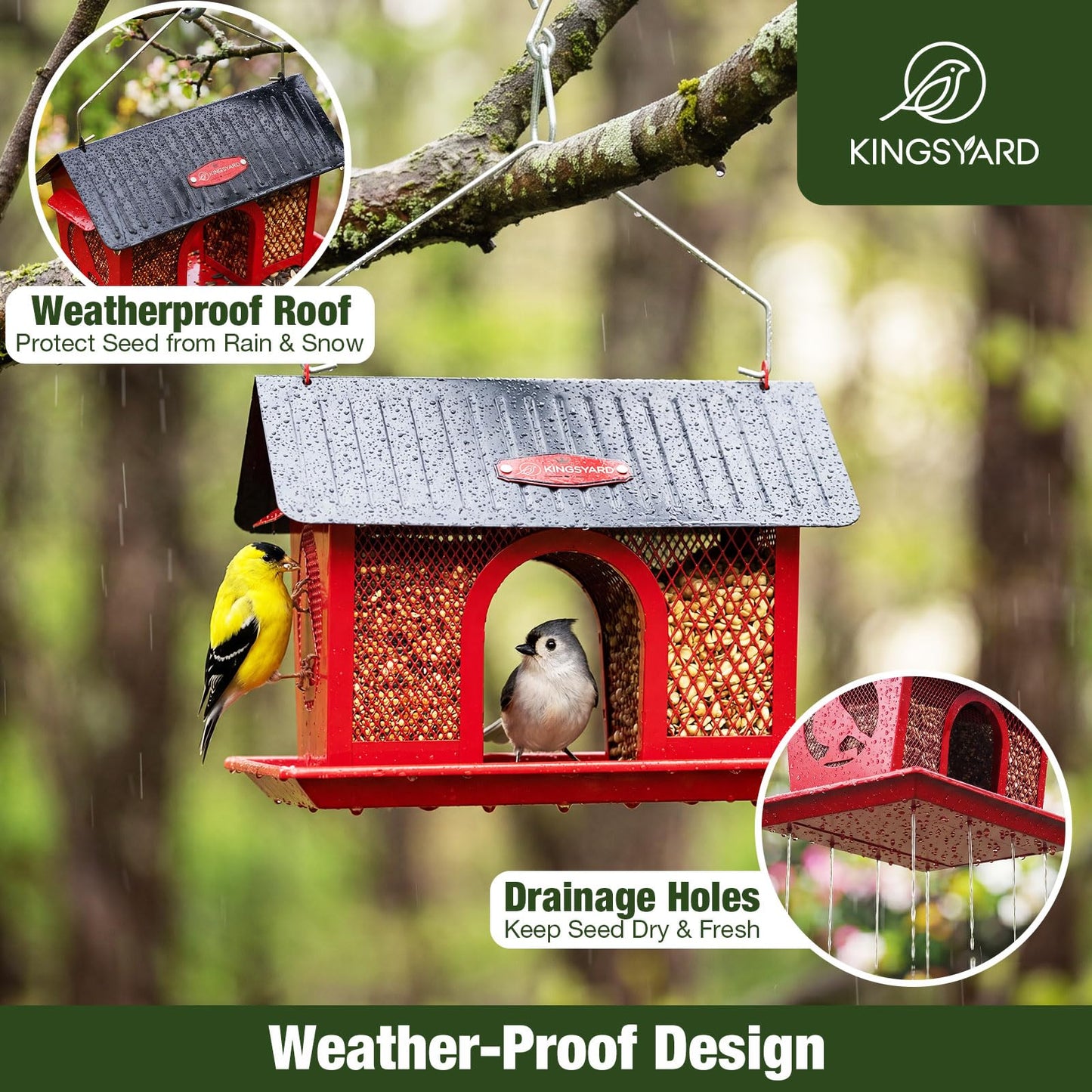 Kingsyard Bird Feeder for Outdoors Hanging, Dual-Use Metal Mesh Wild Bird Feeders with Seed Tray & Weatherproof Roof, 3 lbs Large Capacity, Red
