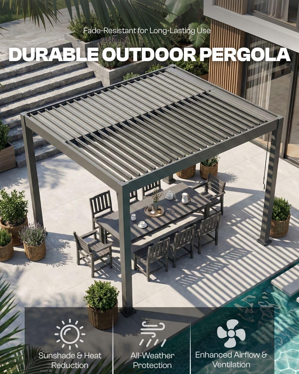 Tobeos Louvered Pergola, 10x13 FT Outdoor Pergola with Adjustable Roof and Drainage System, Heavy Duty Aluminum Frame Patio Pergola for Backyard Deck Garden, Weather Resistant Structure(Grey)