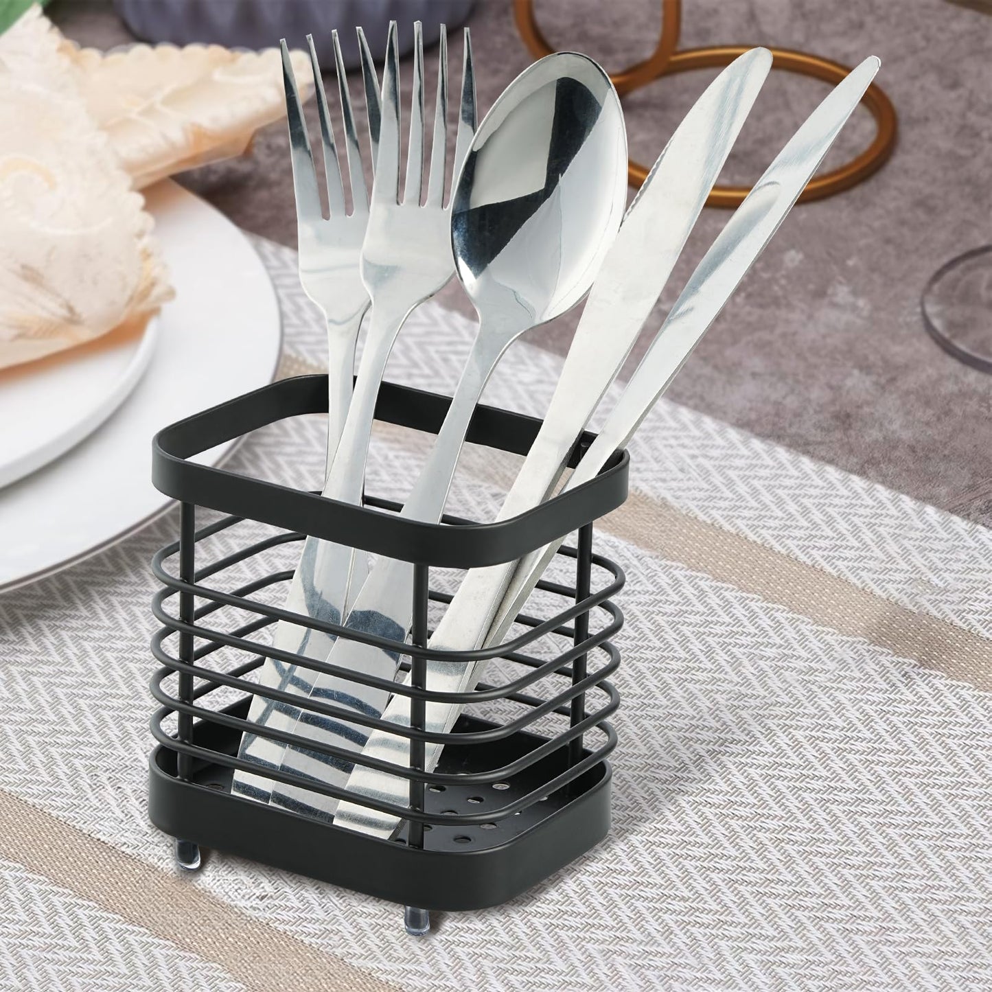 IWNTWY Utensil Holder, Stainless Steel Utensil Drying Rack for Kitchen Counter, Silverware Cutlery Flatware Holder Forks, Knives, Spoons, Chopsticks Organizer (Black)
